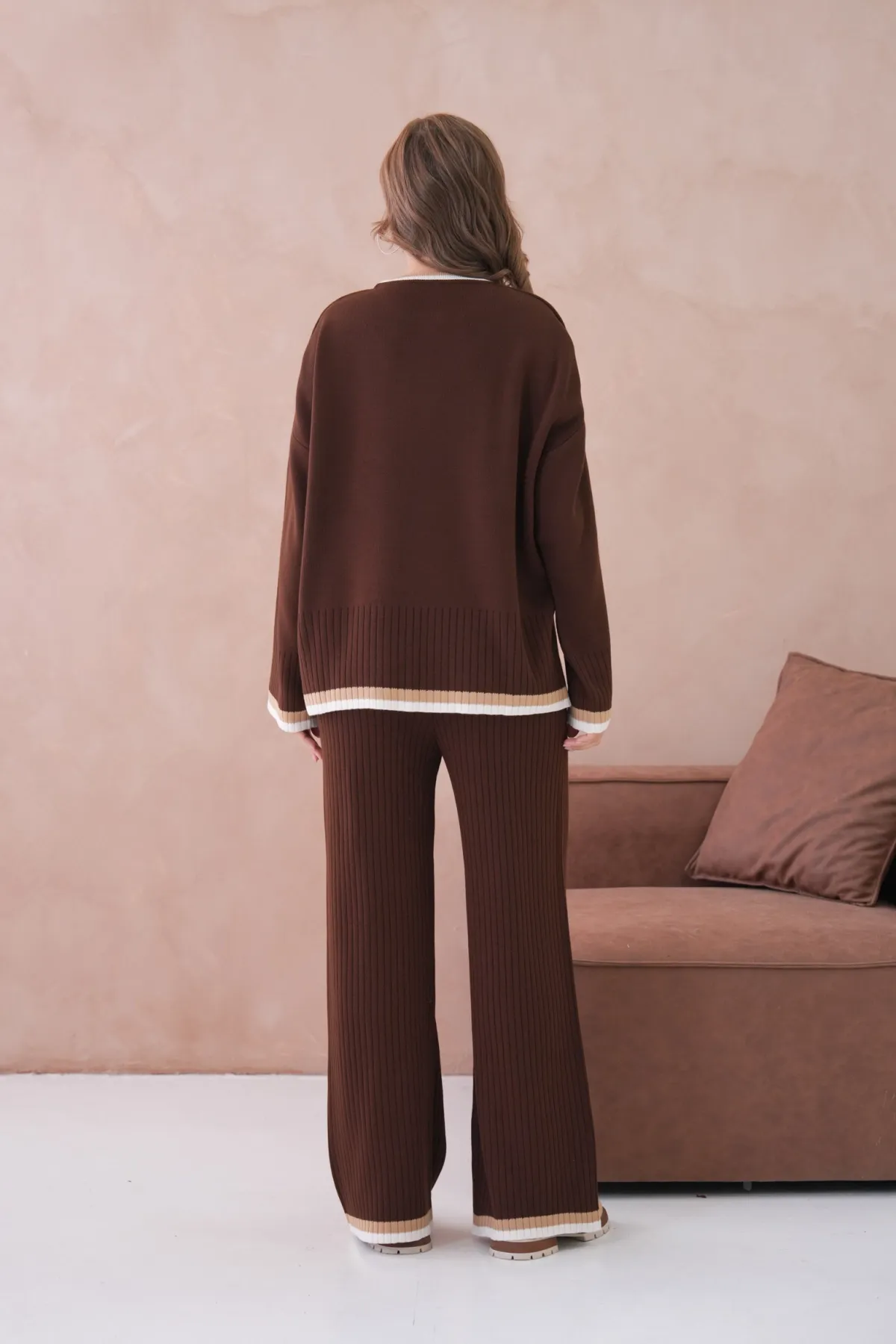 Kadın Bisiklet Yaka Düşük Kol Kazak Pantolon İkili Triko Takım