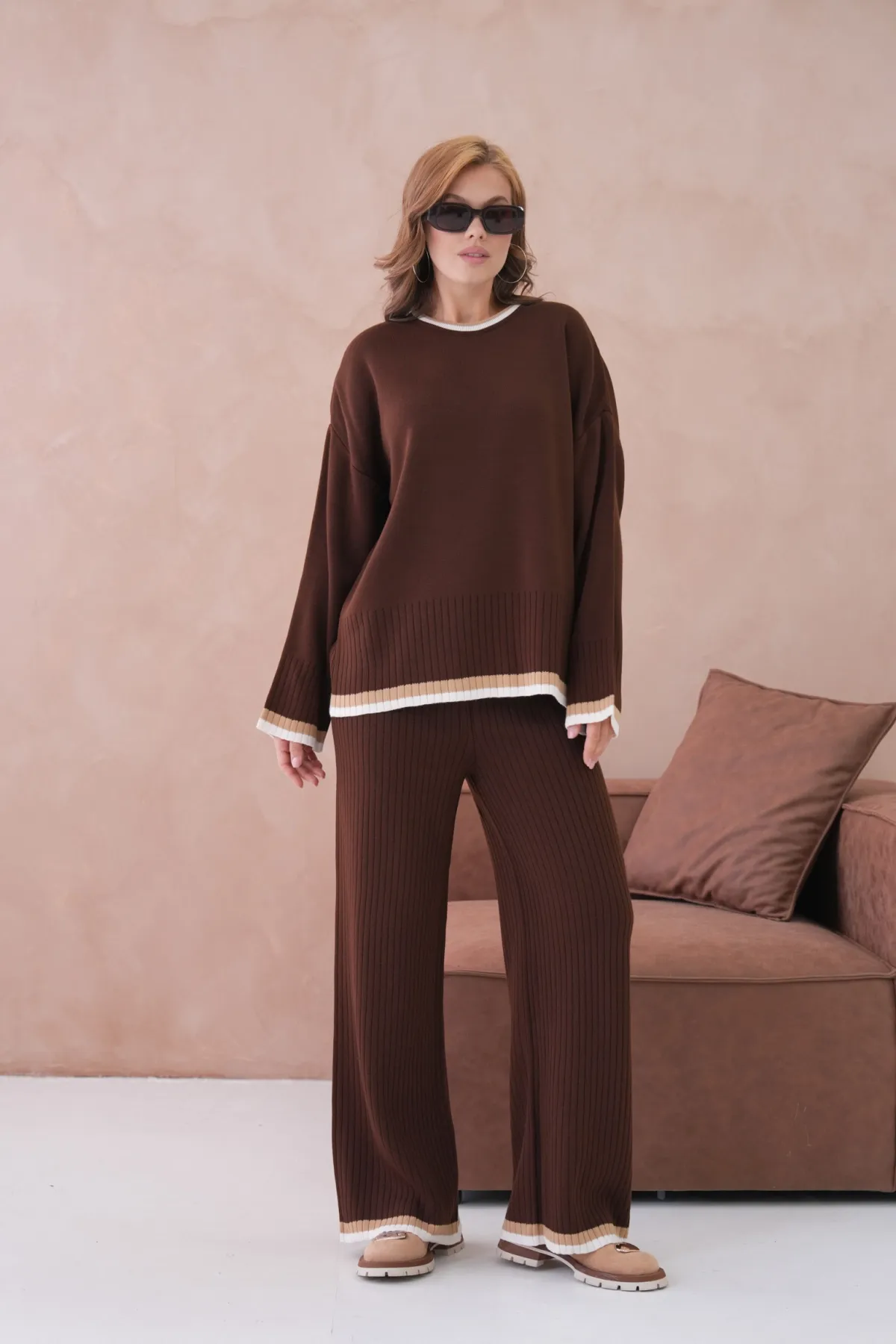 Kadın Bisiklet Yaka Düşük Kol Kazak Pantolon İkili Triko Takım