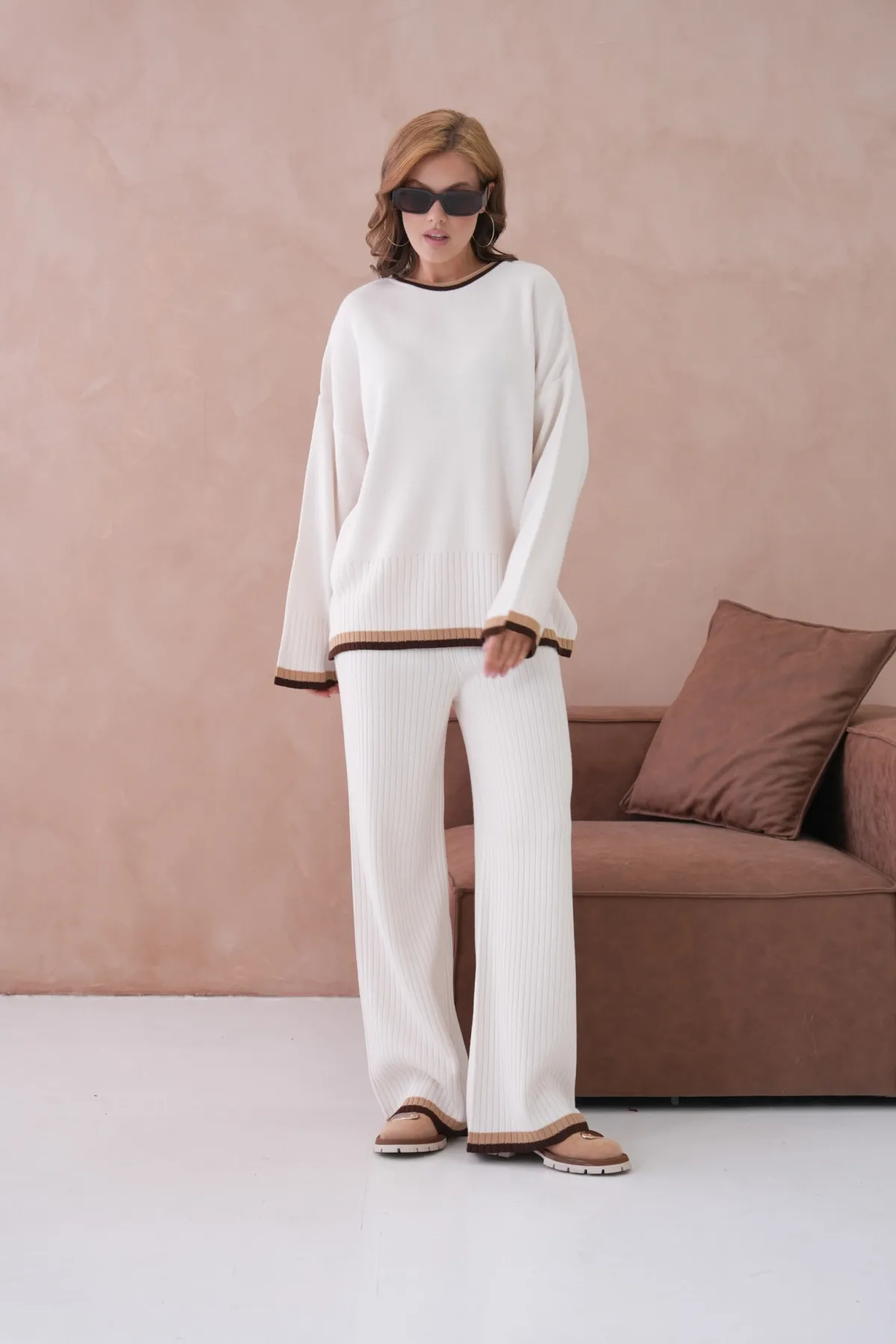 Kadın Bisiklet Yaka Düşük Kol Kazak Pantolon İkili Triko Takım