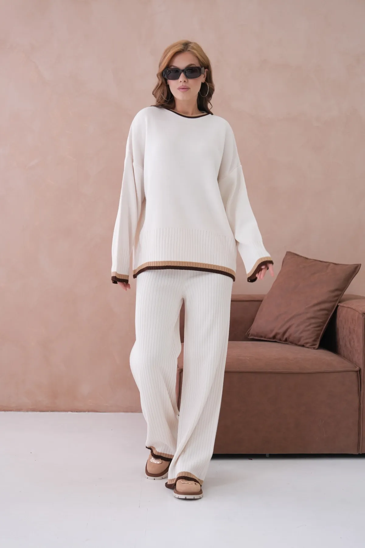 Kadın Bisiklet Yaka Düşük Kol Kazak Pantolon İkili Triko Takım