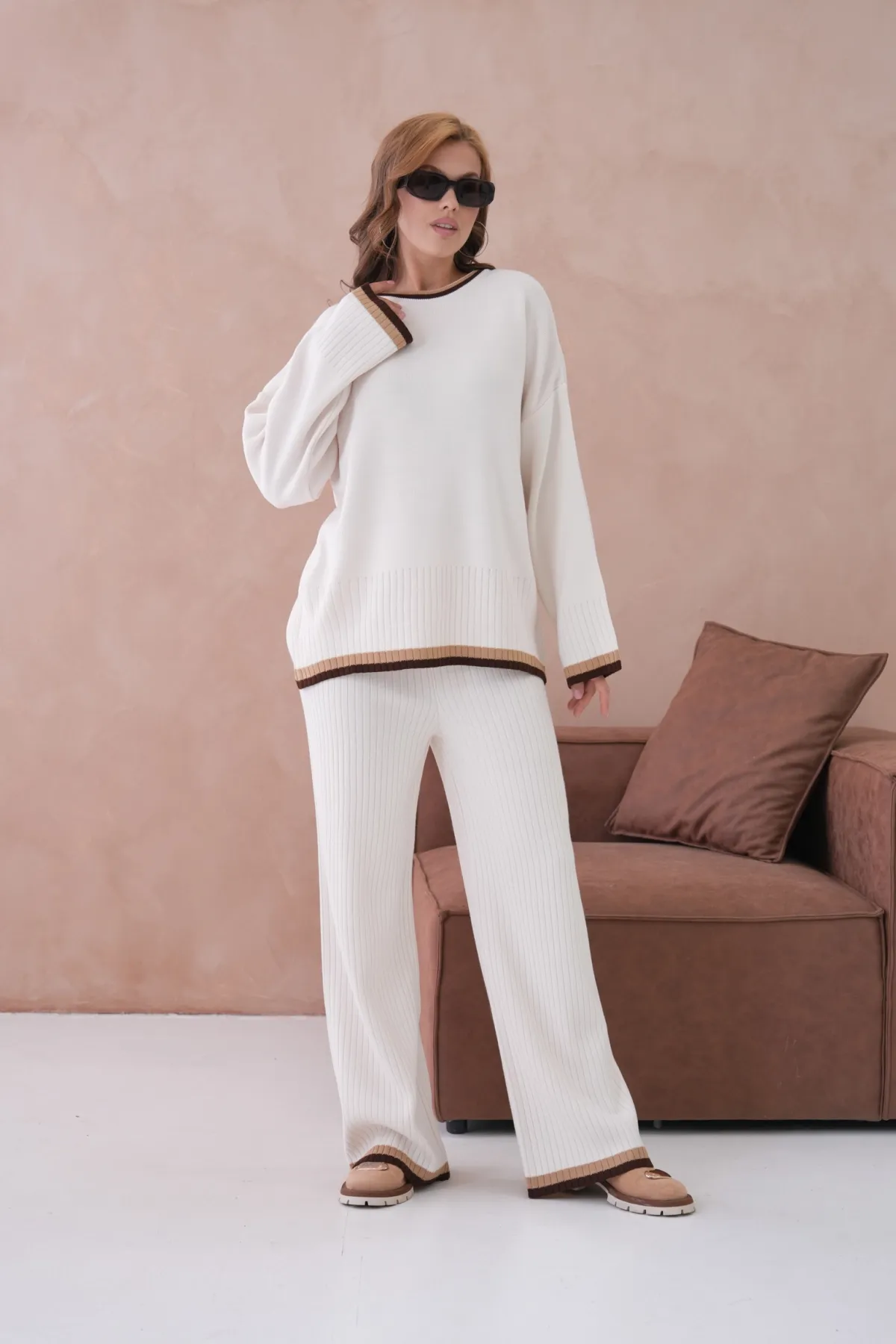 Kadın Bisiklet Yaka Düşük Kol Kazak Pantolon İkili Triko Takım