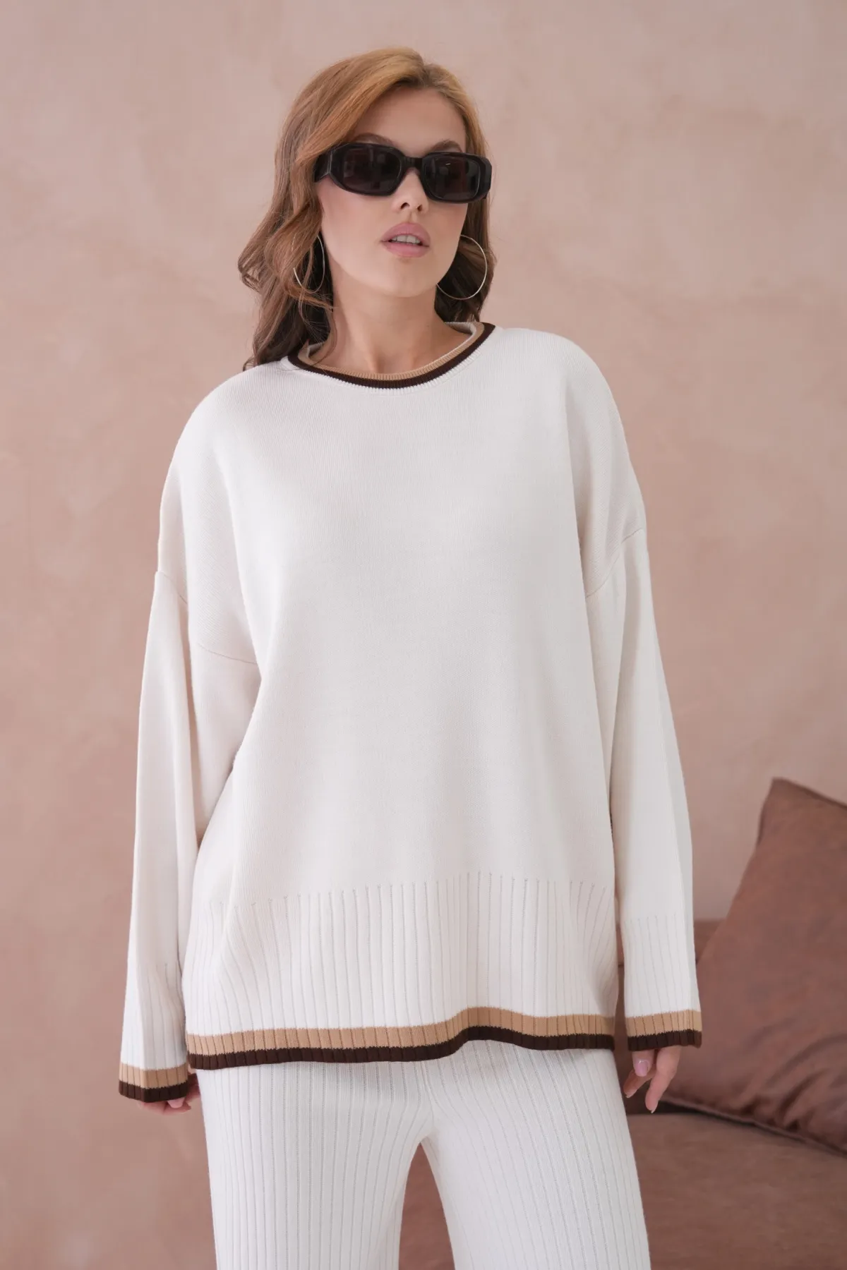 Kadın Bisiklet Yaka Düşük Kol Kazak Pantolon İkili Triko Takım