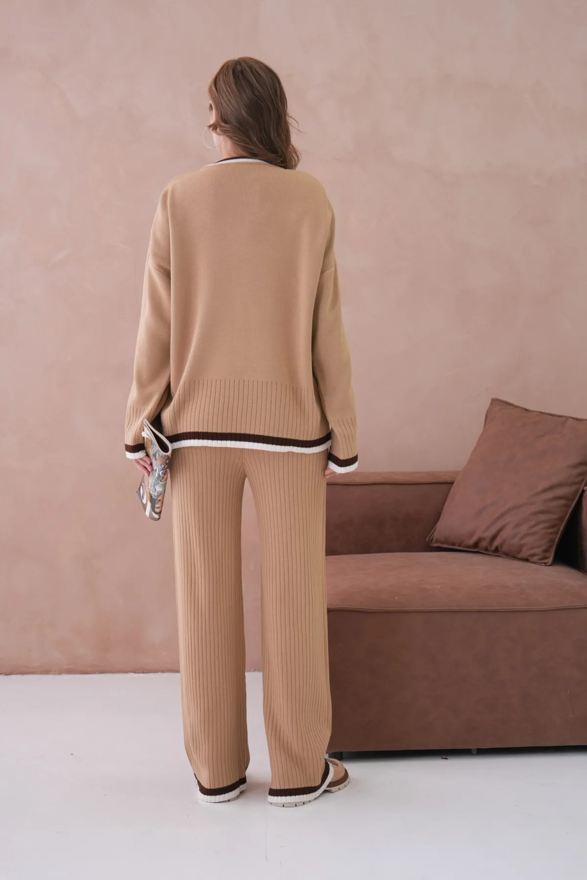 Kadın Bisiklet Yaka Düşük Kol Kazak Pantolon İkili Triko Takım