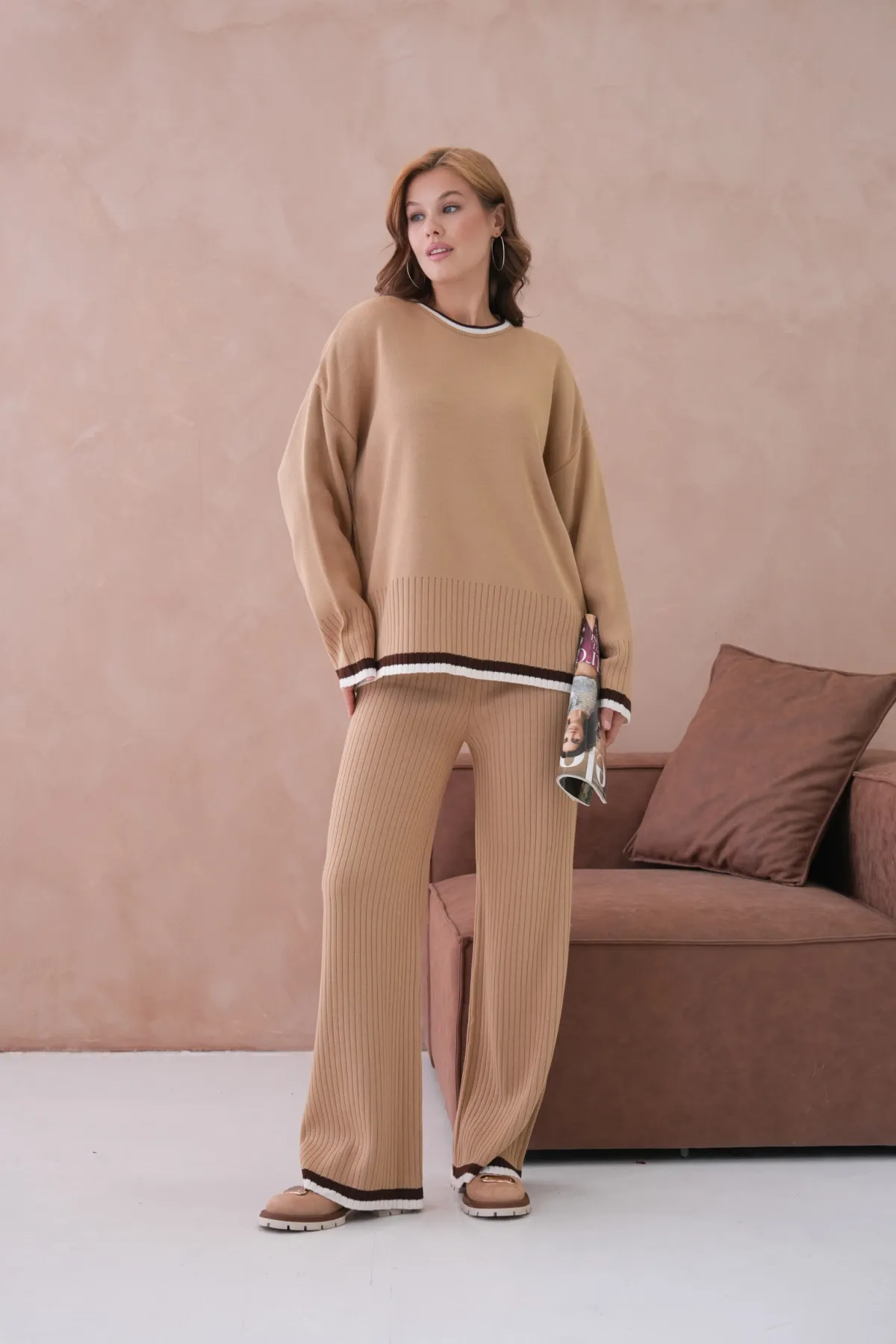 Kadın Bisiklet Yaka Düşük Kol Kazak Pantolon İkili Triko Takım