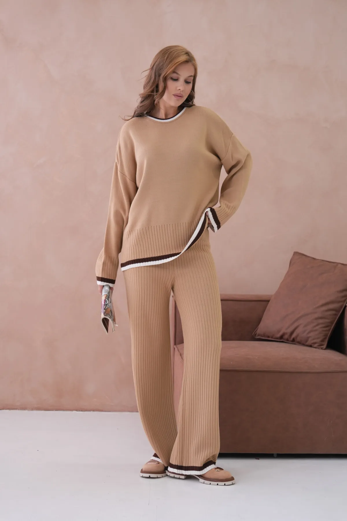 Kadın Bisiklet Yaka Düşük Kol Kazak Pantolon İkili Triko Takım