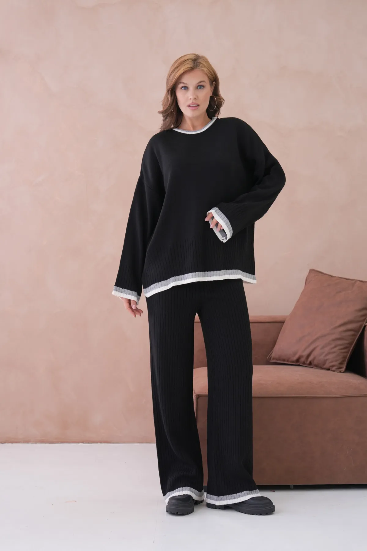 Kadın Bisiklet Yaka Düşük Kol Kazak Pantolon İkili Triko Takım