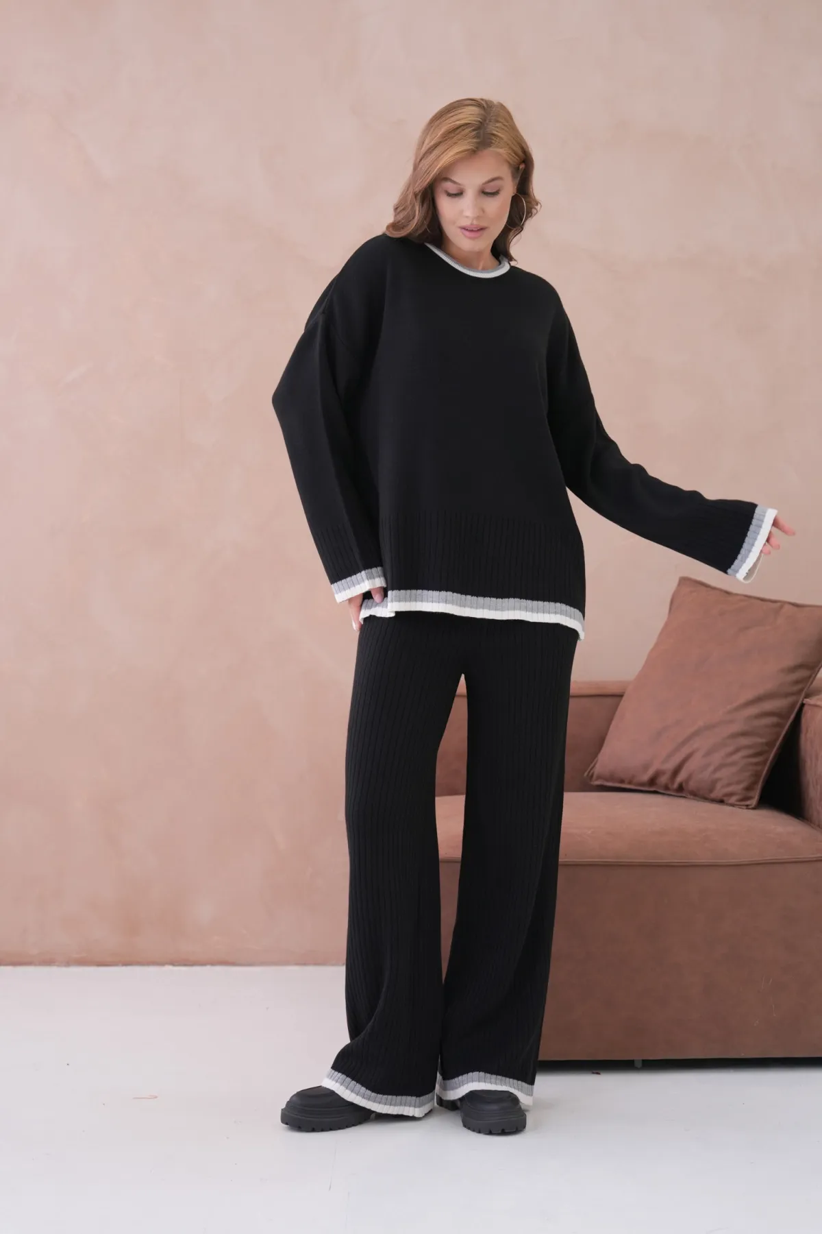 Kadın Bisiklet Yaka Düşük Kol Kazak Pantolon İkili Triko Takım