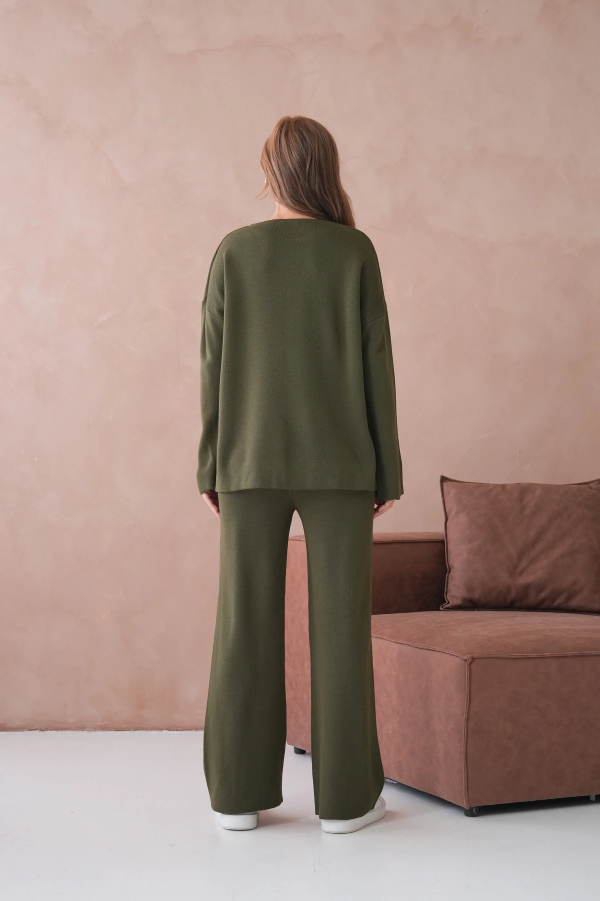 Kadın Bisiklet Yaka Düşük Kol Kazak Pantolon İkili Triko Takım