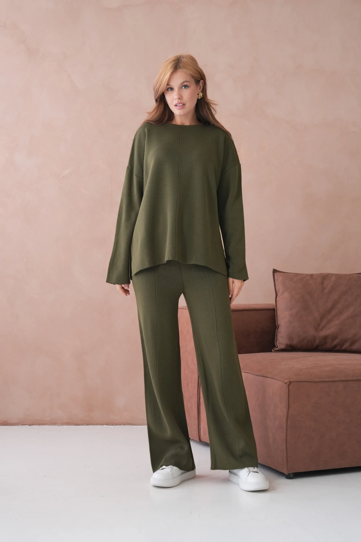 Kadın Bisiklet Yaka Düşük Kol Kazak Pantolon İkili Triko Takım