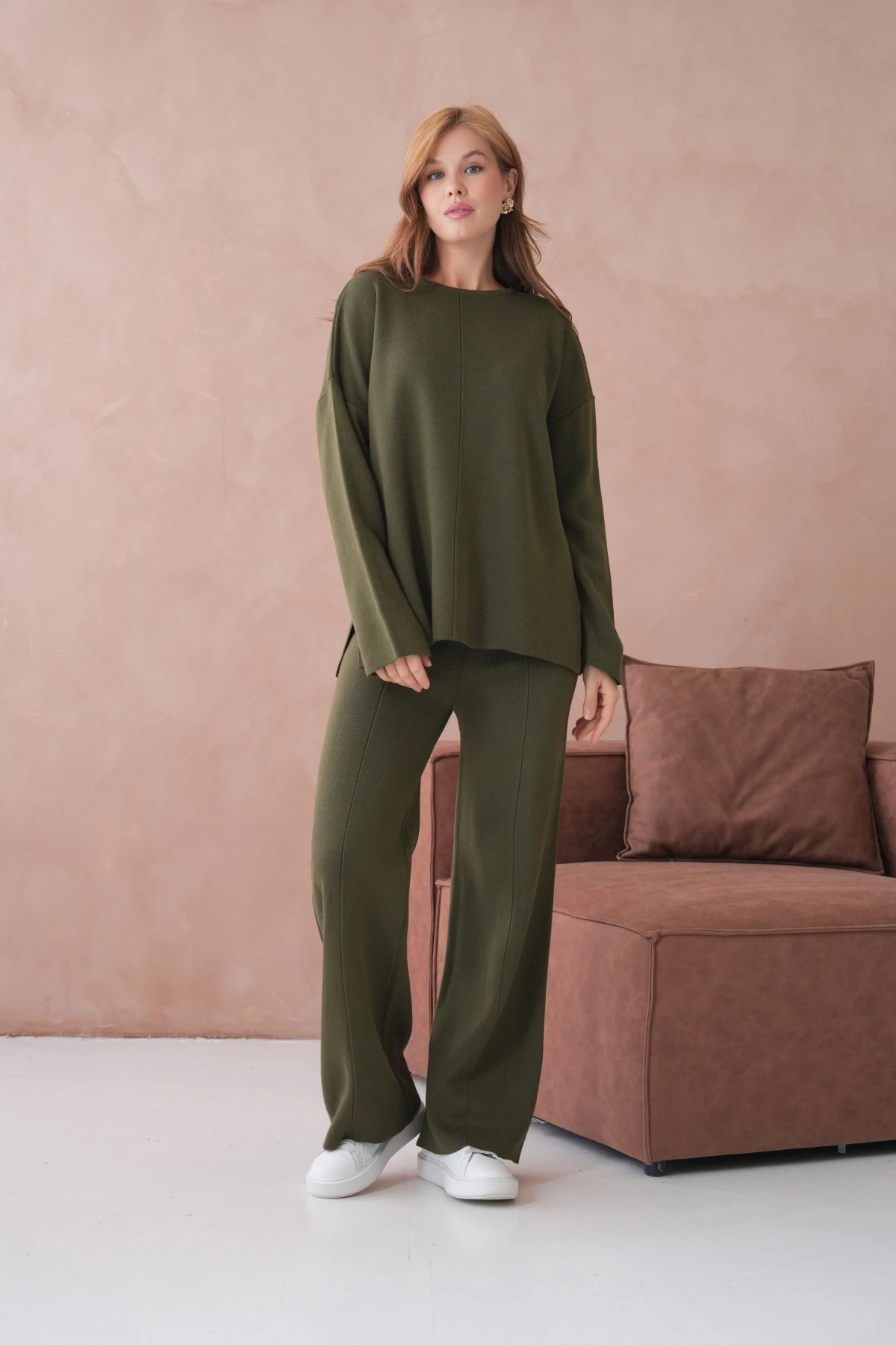 Kadın Bisiklet Yaka Düşük Kol Kazak Pantolon İkili Triko Takım