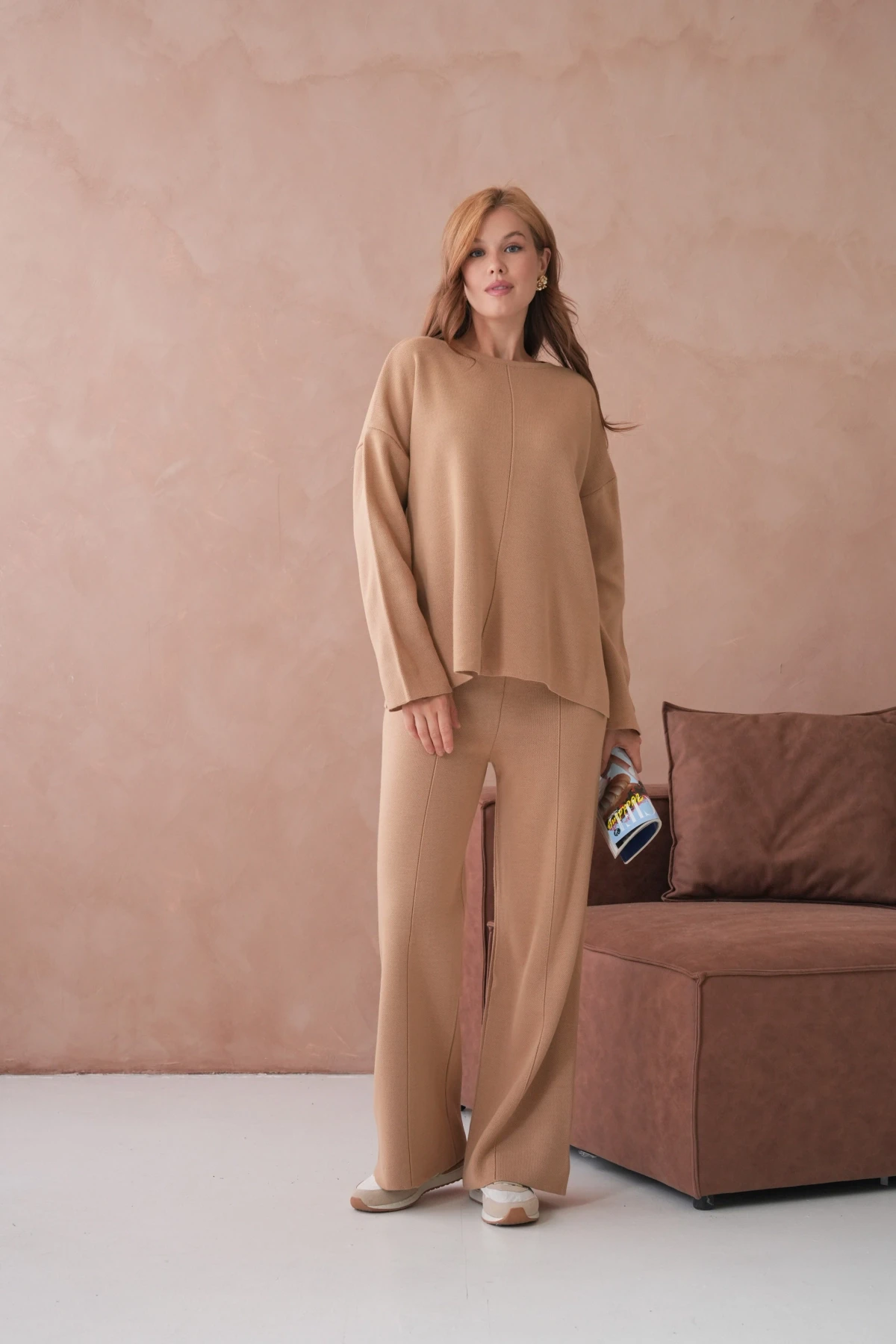 Kadın Bisiklet Yaka Düşük Kol Kazak Pantolon İkili Triko Takım