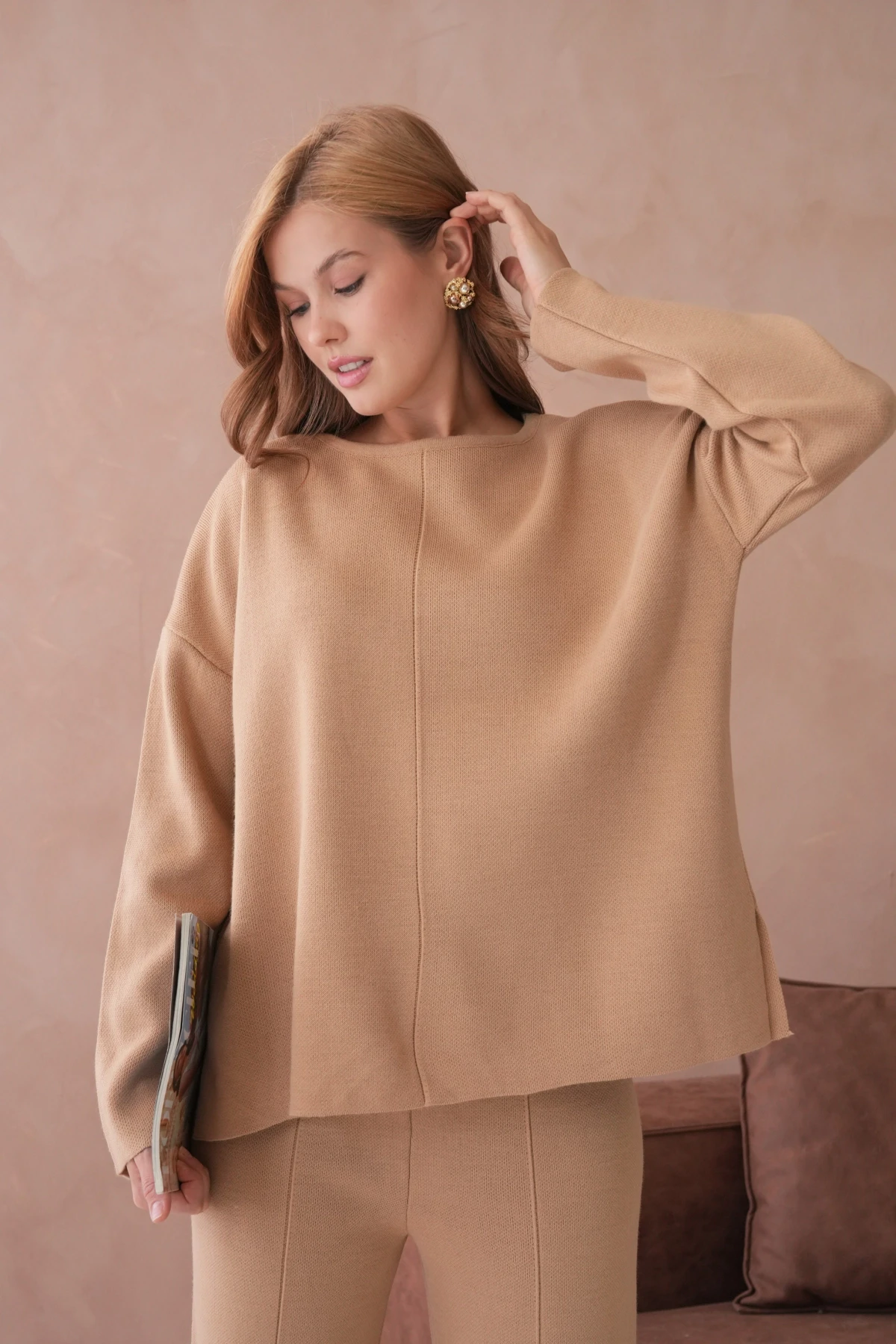 Kadın Bisiklet Yaka Düşük Kol Kazak Pantolon İkili Triko Takım