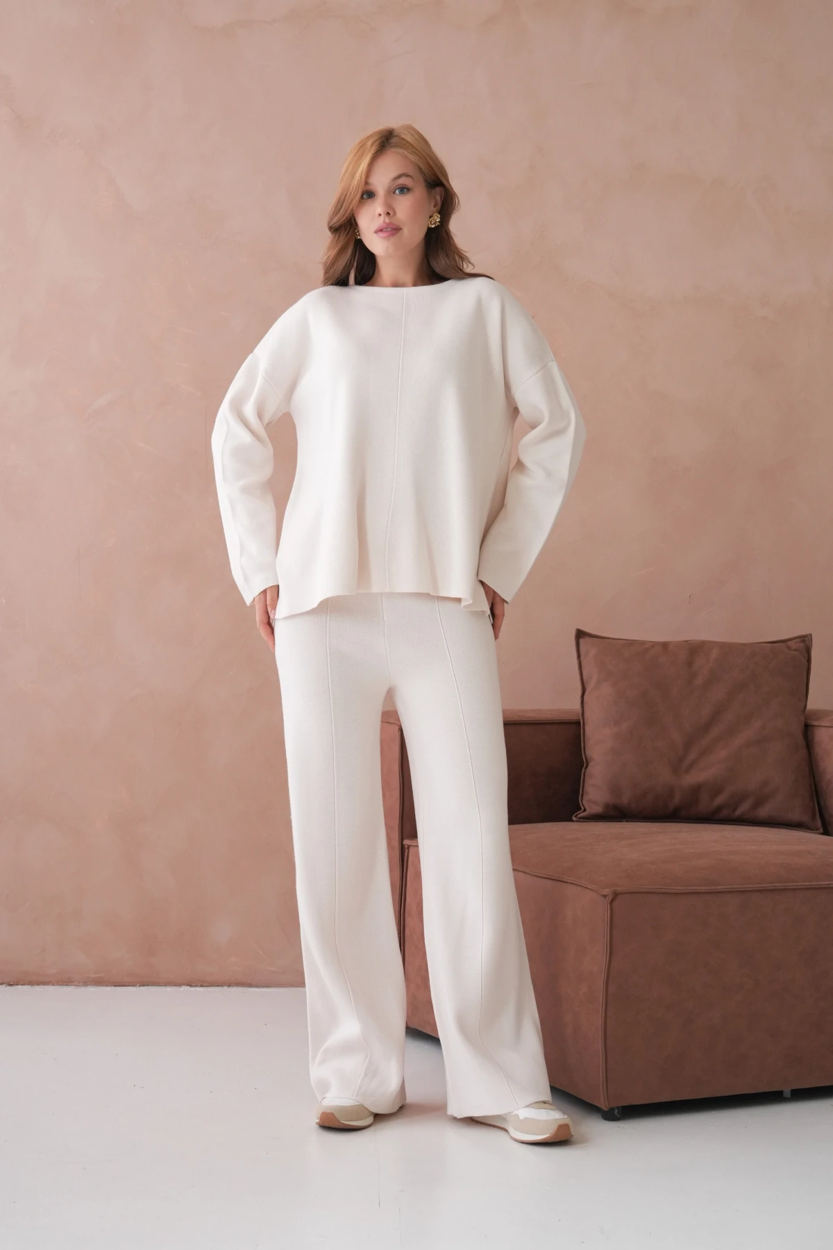 Kadın Bisiklet Yaka Düşük Kol Kazak Pantolon İkili Triko Takım