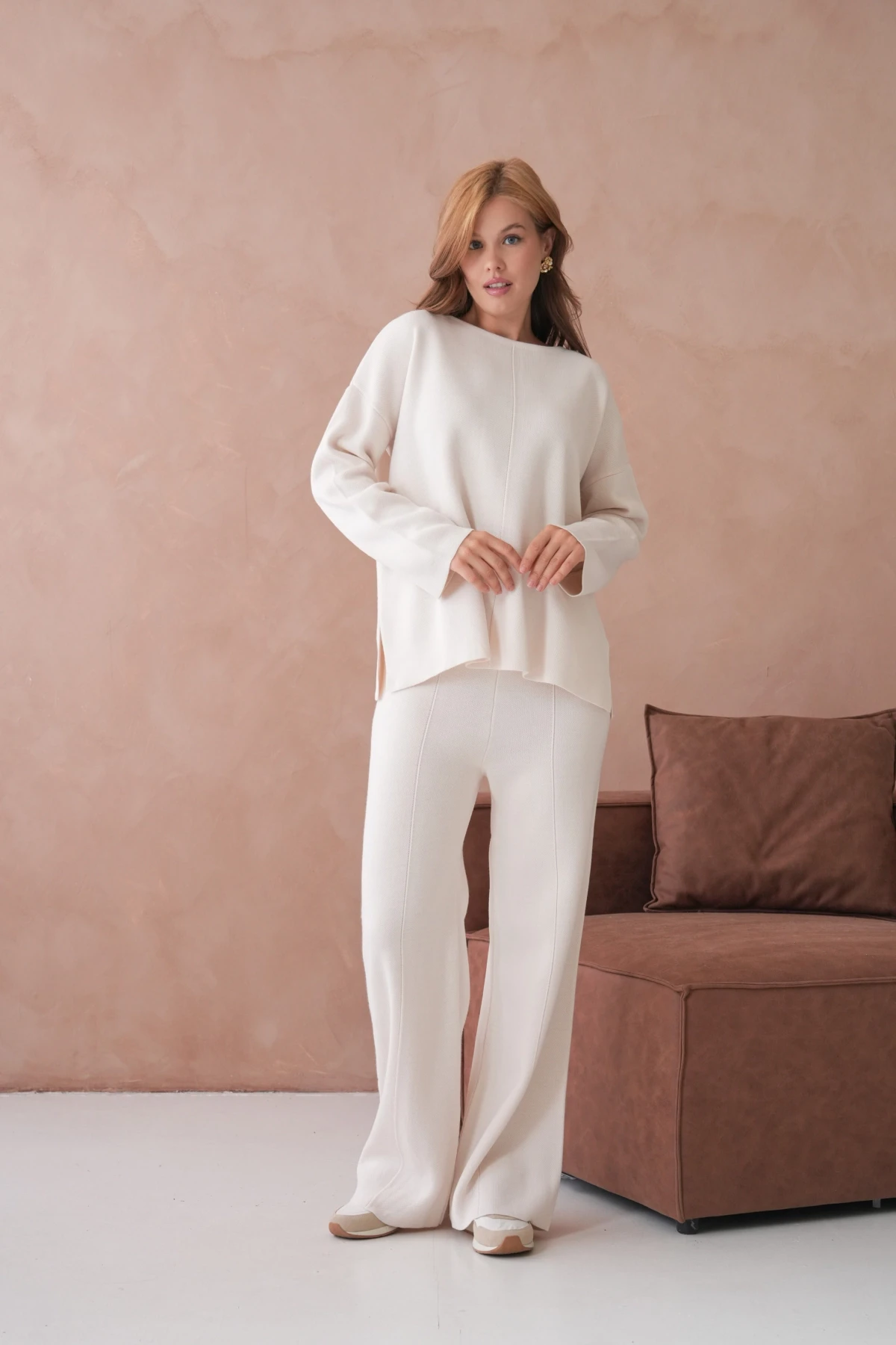 Kadın Bisiklet Yaka Düşük Kol Kazak Pantolon İkili Triko Takım