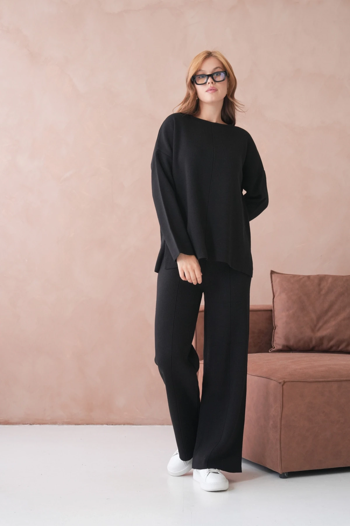 Kadın Bisiklet Yaka Düşük Kol Kazak Pantolon İkili Triko Takım