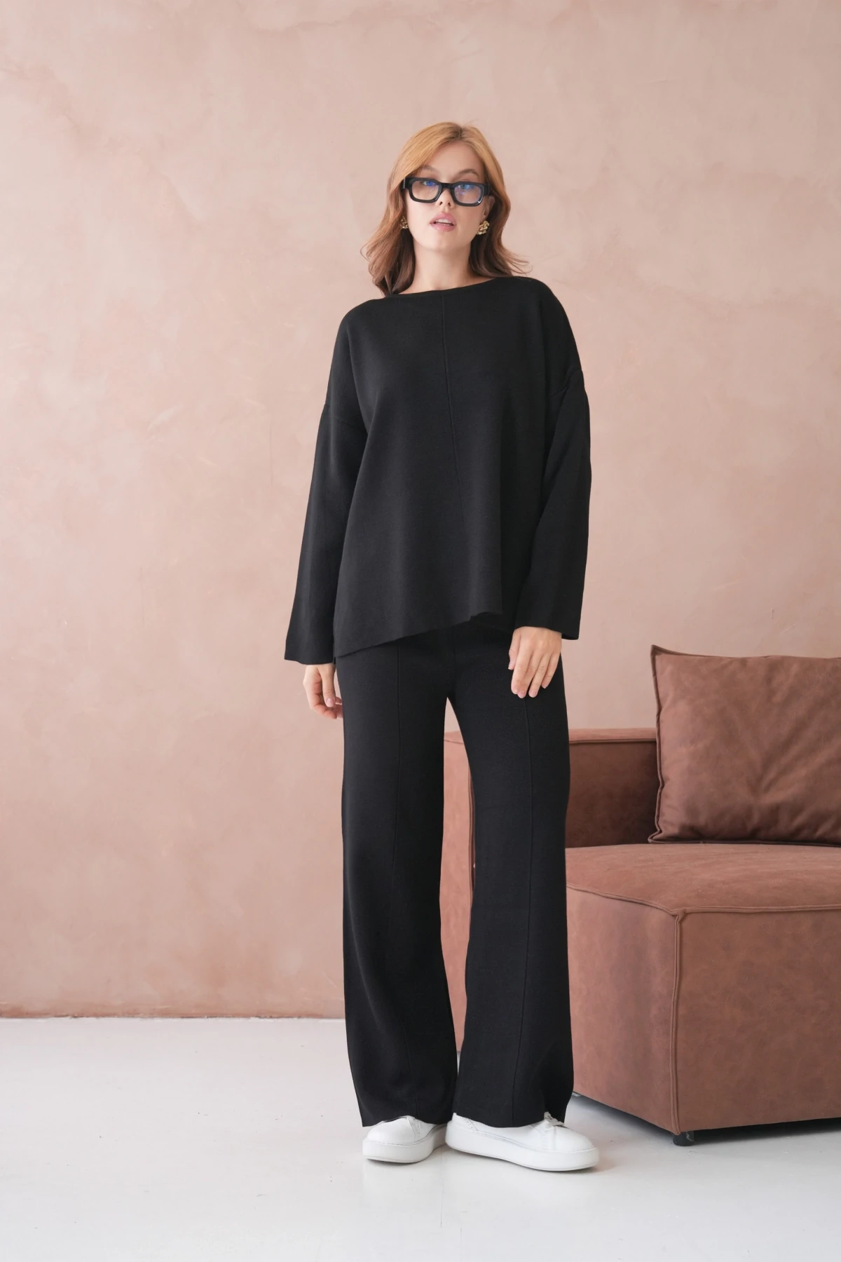 Kadın Bisiklet Yaka Düşük Kol Kazak Pantolon İkili Triko Takım