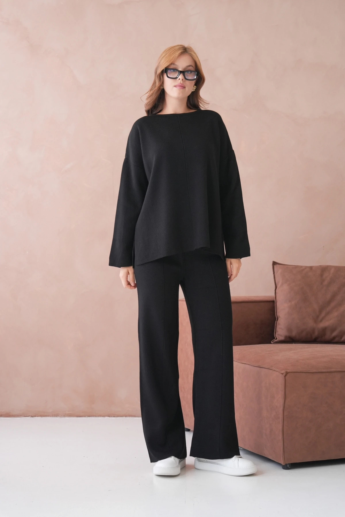 Kadın Bisiklet Yaka Düşük Kol Kazak Pantolon İkili Triko Takım