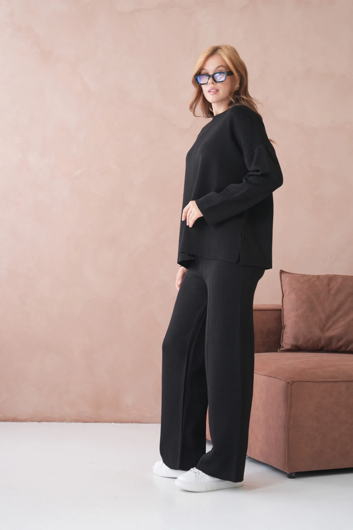 Kadın Bisiklet Yaka Düşük Kol Kazak Pantolon İkili Triko Takım