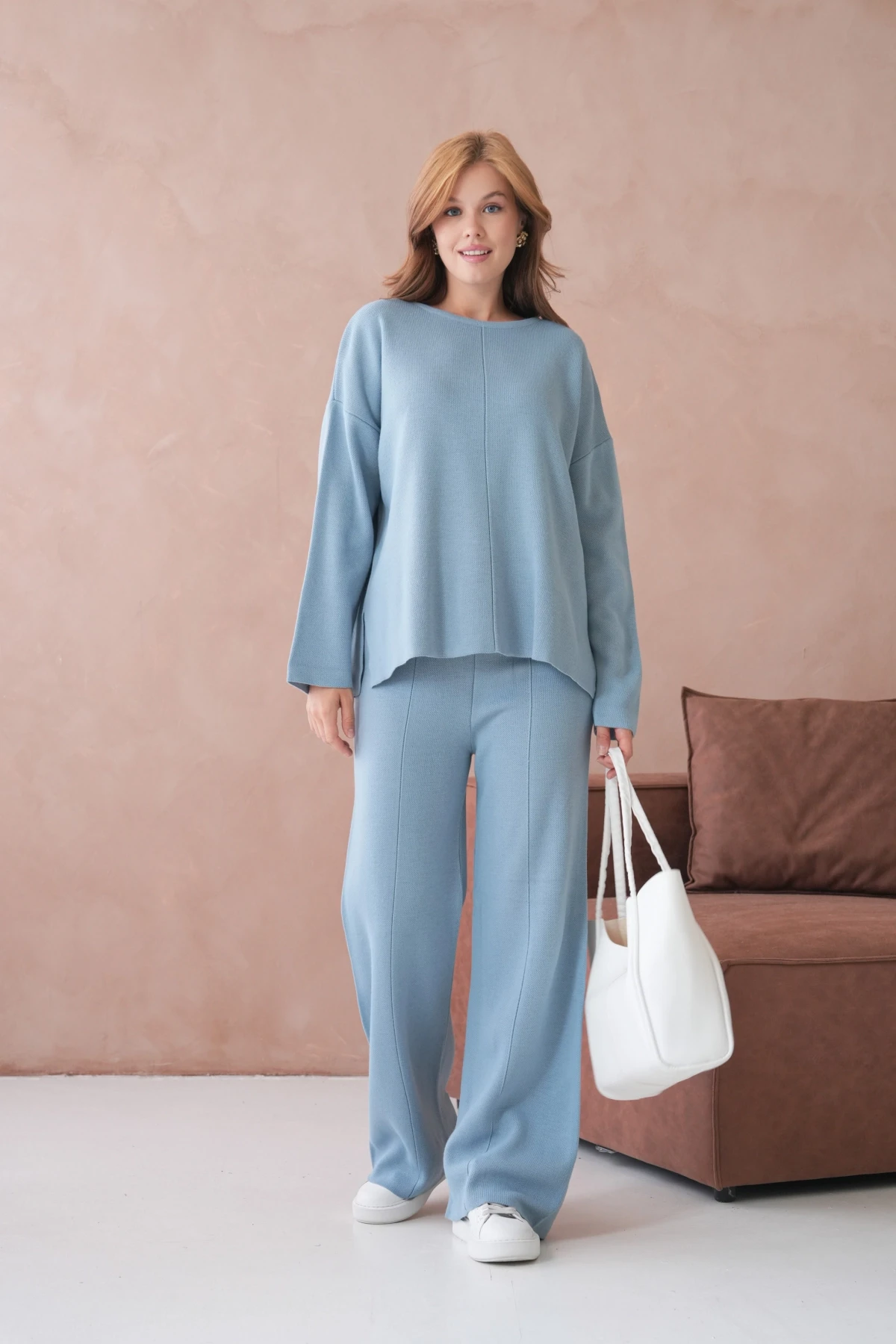 Kadın Bisiklet Yaka Düşük Kol Kazak Pantolon İkili Triko Takım