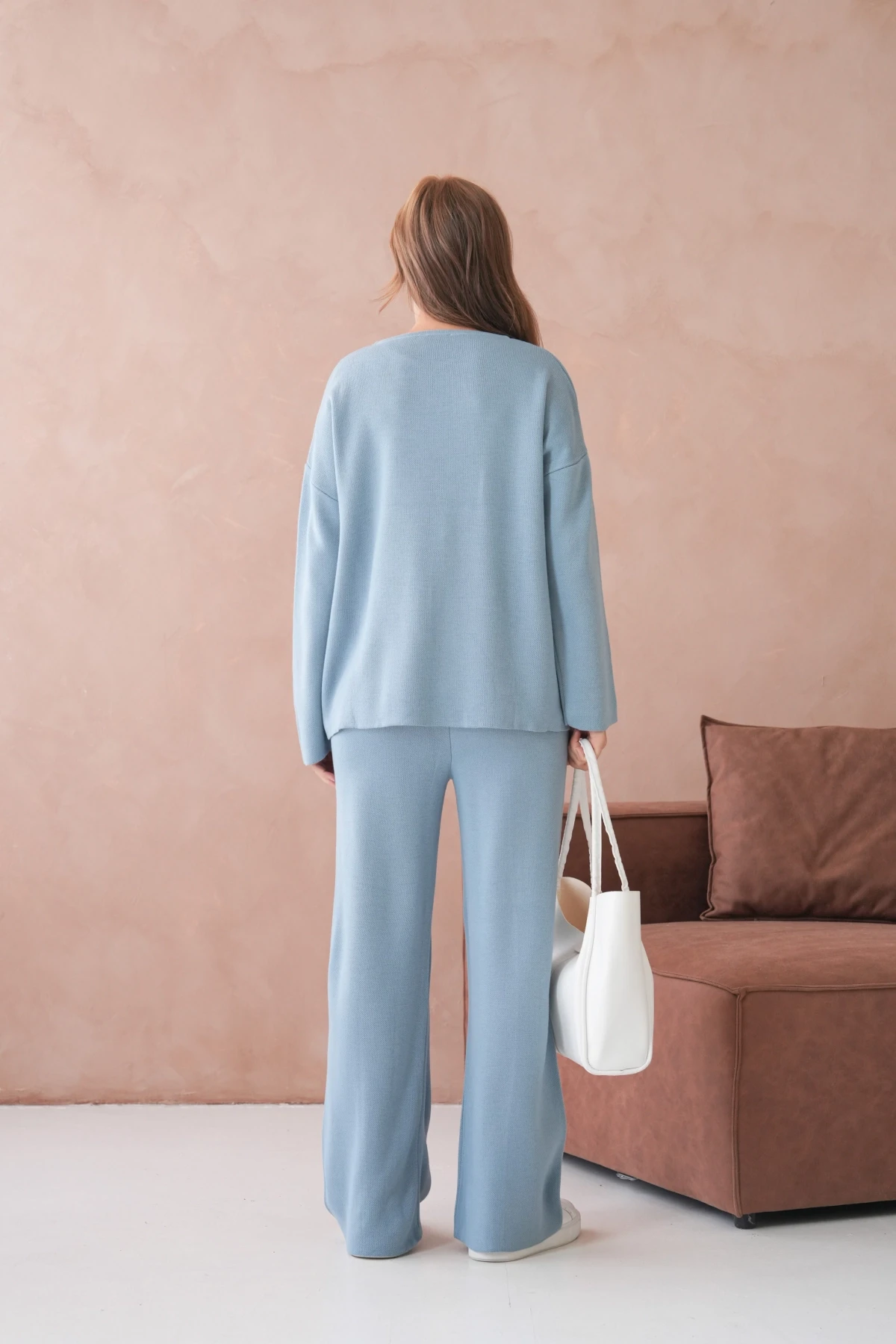 Kadın Bisiklet Yaka Düşük Kol Kazak Pantolon İkili Triko Takım