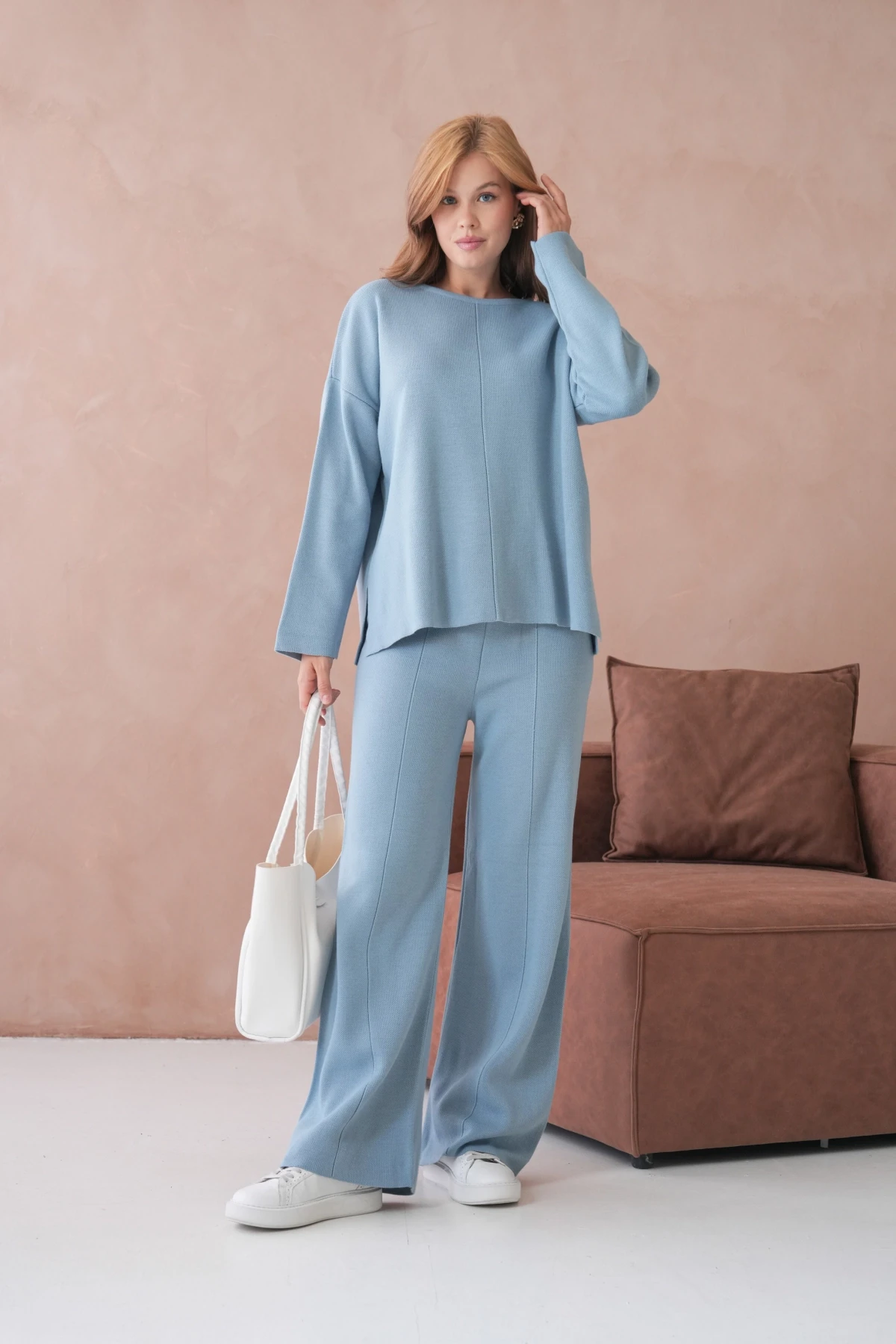 Kadın Bisiklet Yaka Düşük Kol Kazak Pantolon İkili Triko Takım