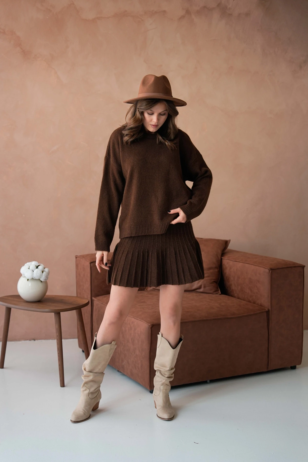 Kadın Bisiklet Yaka Etekli İkili Triko Takım