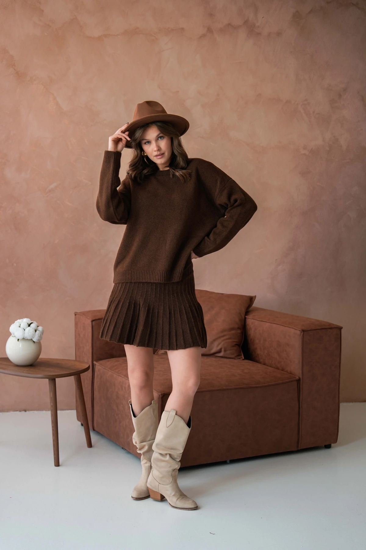 Kadın Bisiklet Yaka Etekli İkili Triko Takım