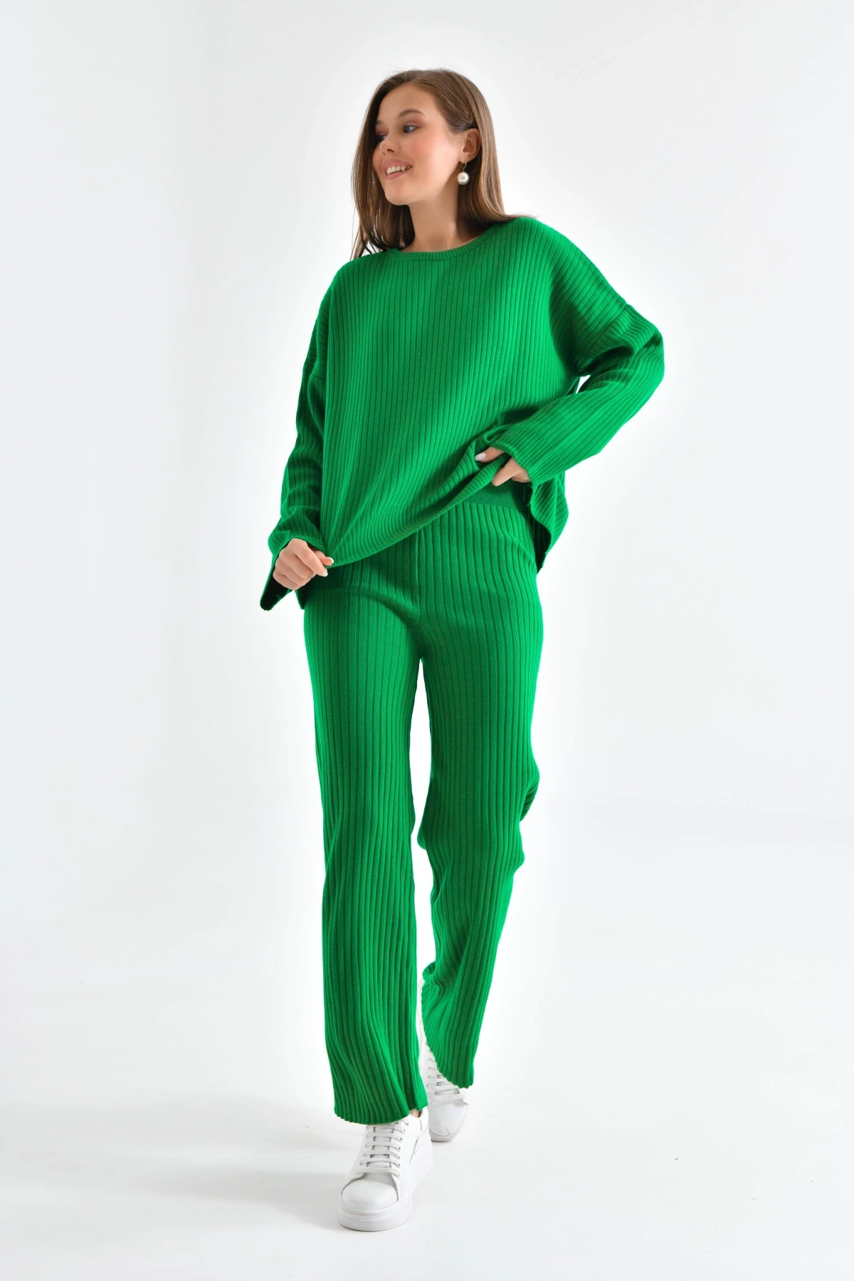 Kadın Bisiklet Yaka Fitilli Kazak Pantolonlu İkili Triko Takım