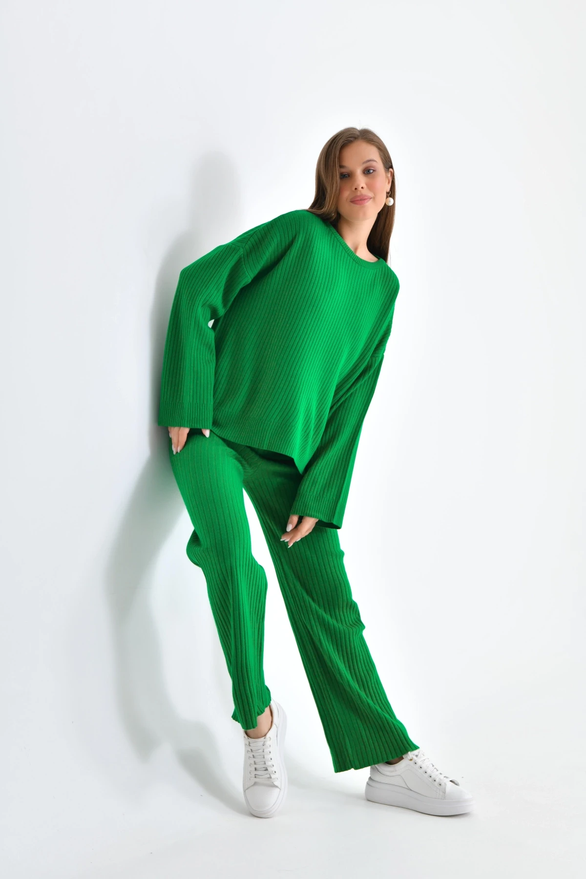 Kadın Bisiklet Yaka Fitilli Kazak Pantolonlu İkili Triko Takım