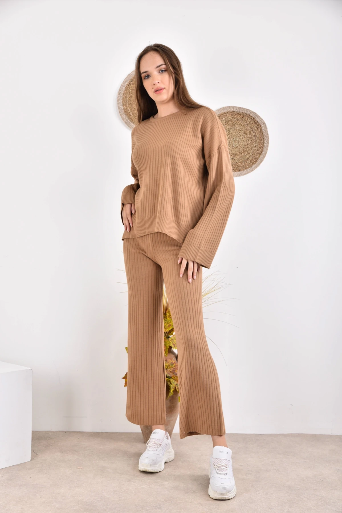 Kadın Bisiklet Yaka Fitilli Kazak Pantolonlu İkili Triko Takım