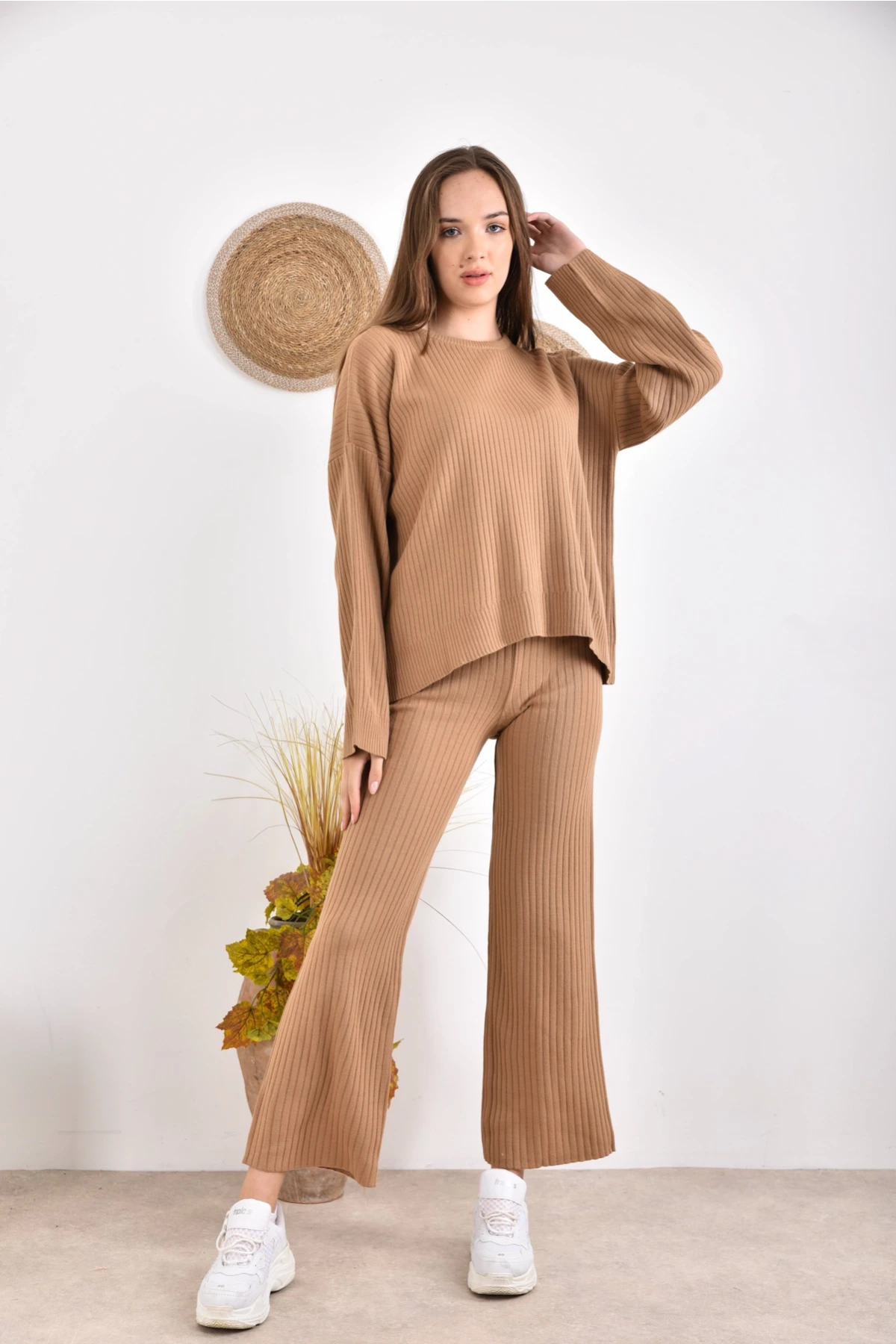 Kadın Bisiklet Yaka Fitilli Kazak Pantolonlu İkili Triko Takım