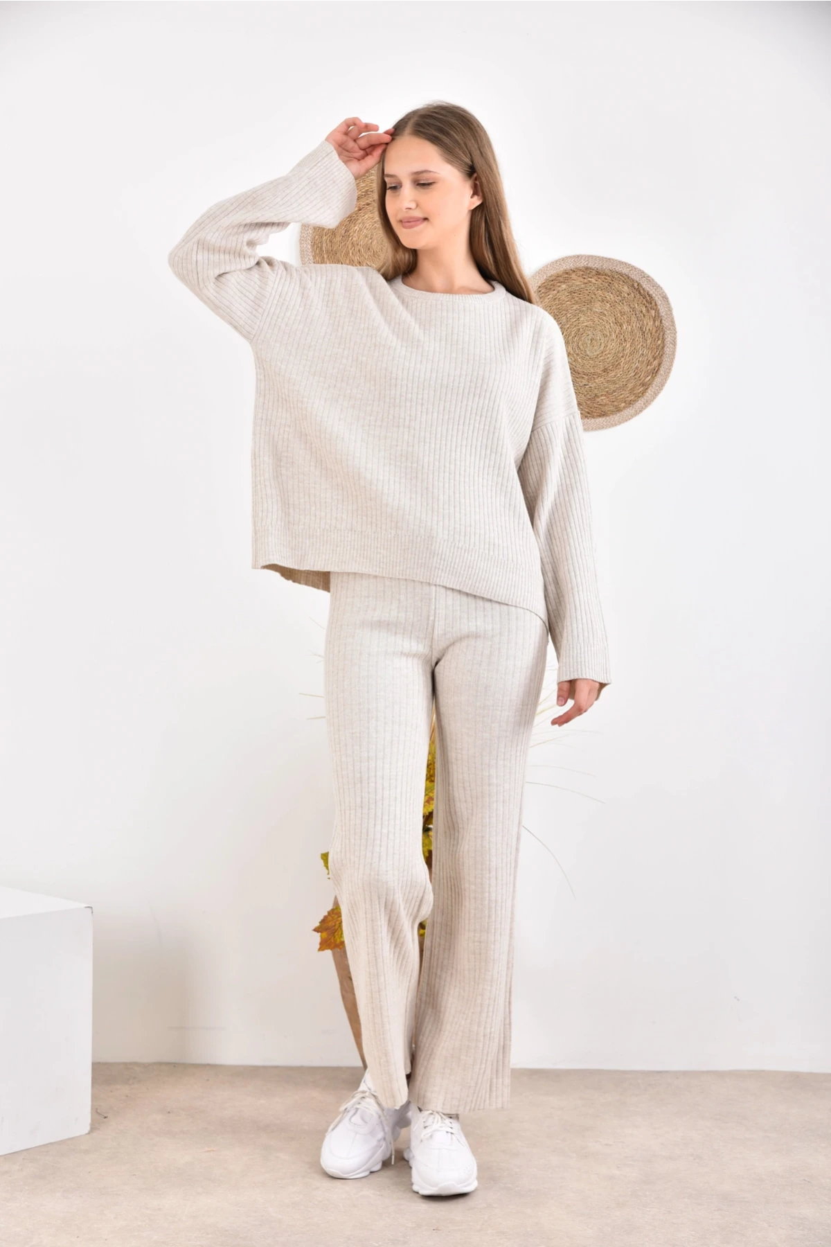 Kadın Bisiklet Yaka Fitilli Kazak Pantolonlu İkili Triko Takım