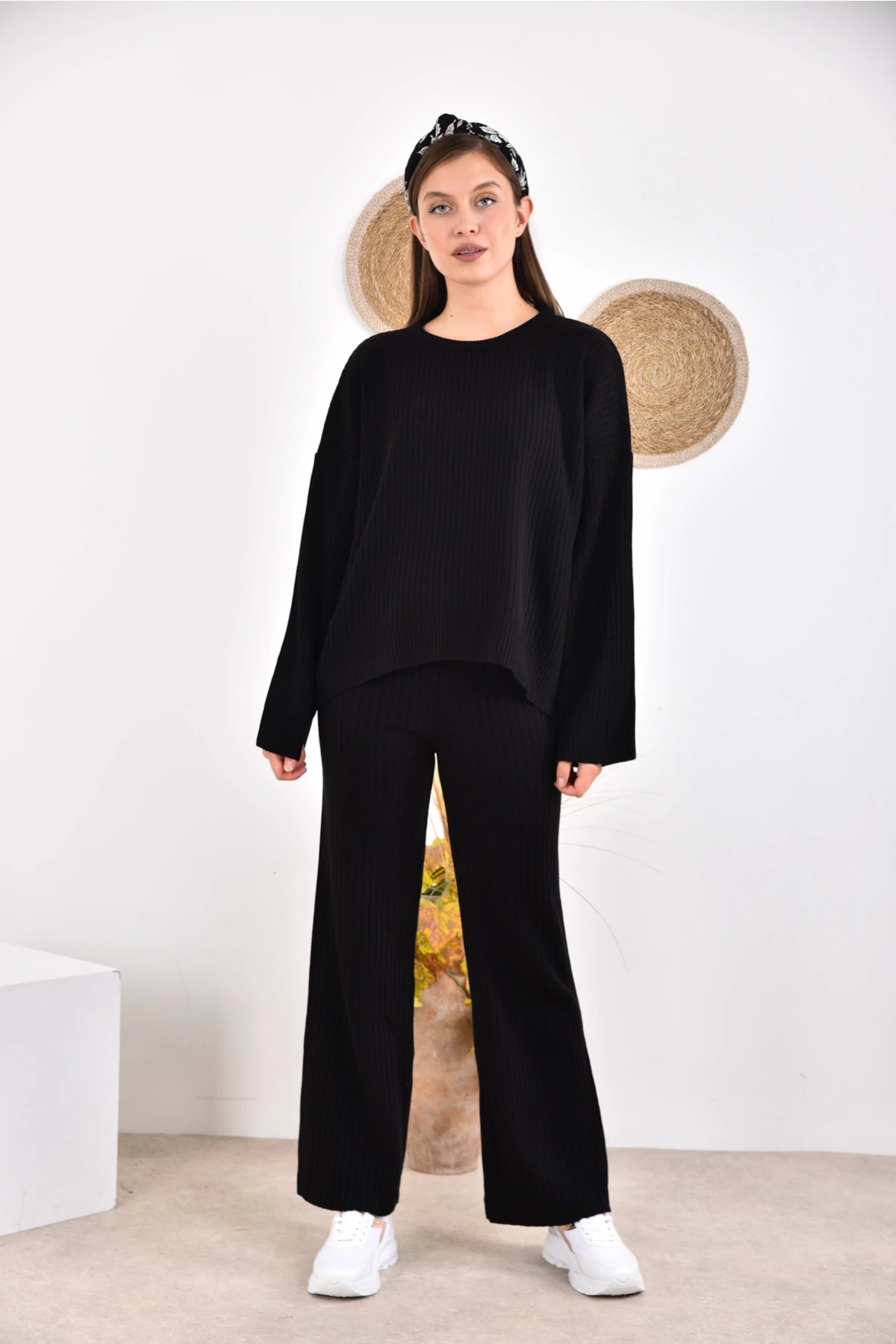 Kadın Bisiklet Yaka Fitilli Kazak Pantolonlu İkili Triko Takım