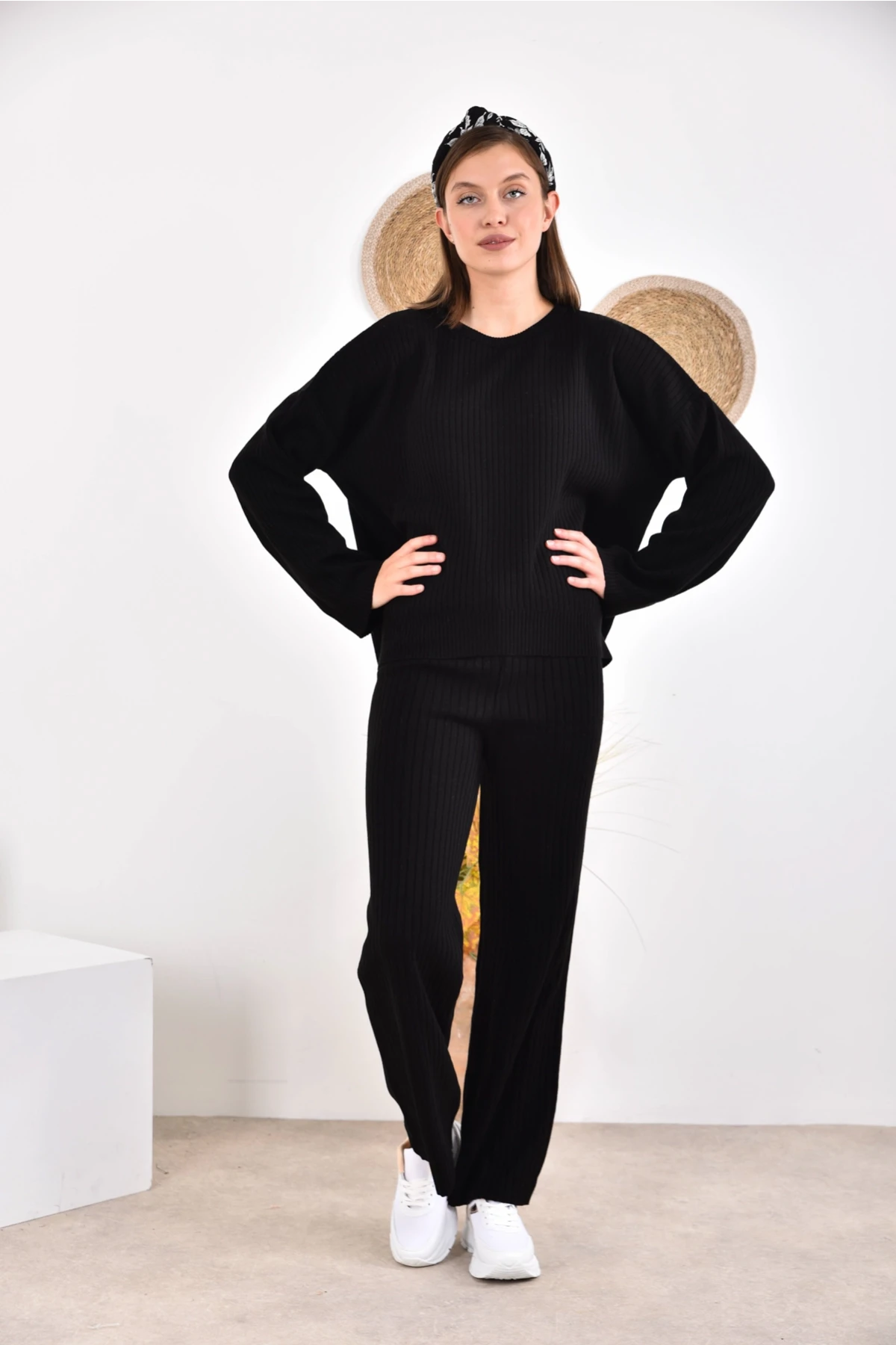 Kadın Bisiklet Yaka Fitilli Kazak Pantolonlu İkili Triko Takım