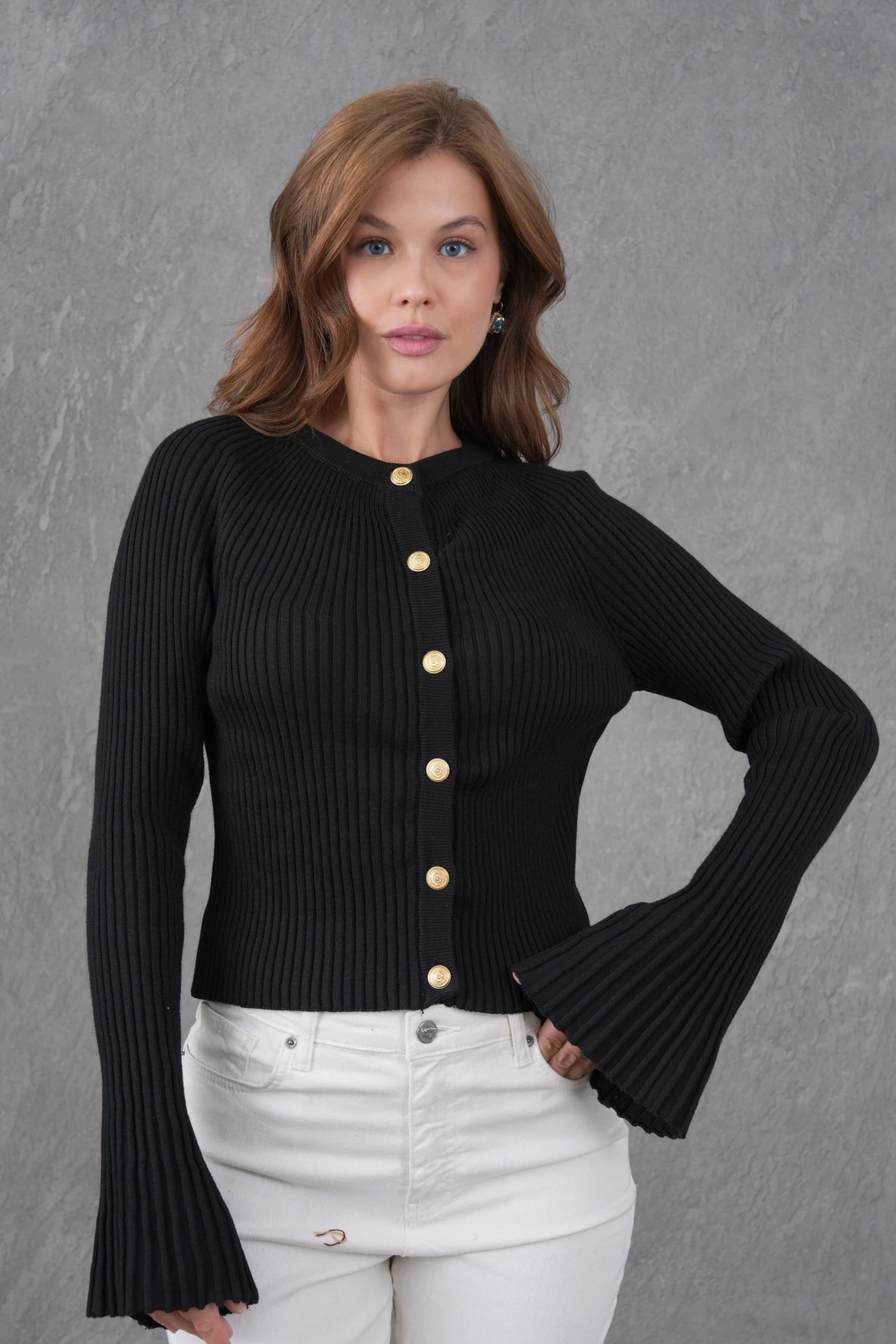 Kadın Bisiklet Yaka İspanyol Kol Düğme Kapama Kaşkorse Triko Ceket 12280.Lnz