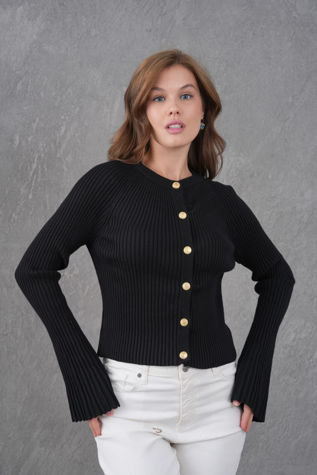 Kadın Bisiklet Yaka İspanyol Kol Düğme Kapama Kaşkorse Triko Ceket 12280.Lnz