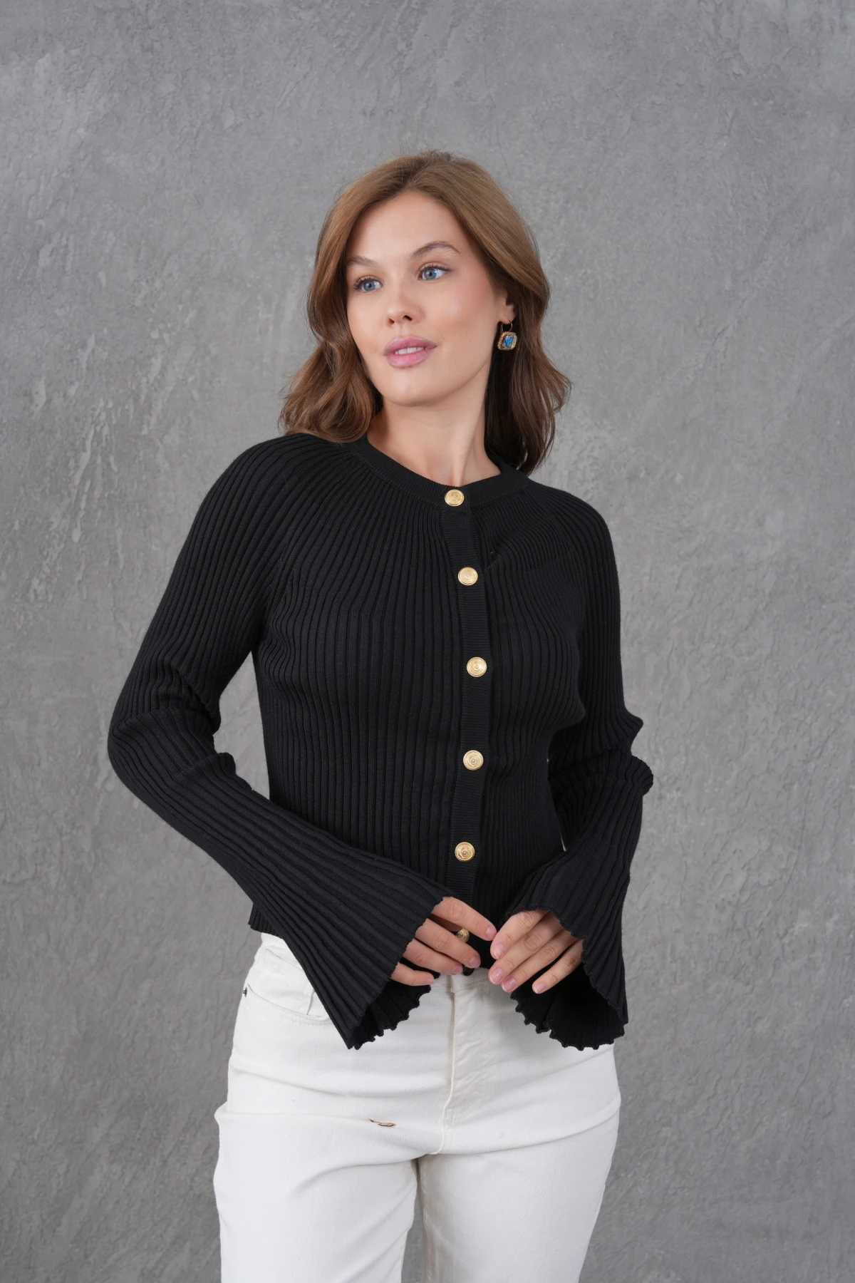 Kadın Bisiklet Yaka İspanyol Kol Düğme Kapama Kaşkorse Triko Ceket 12280.Lnz