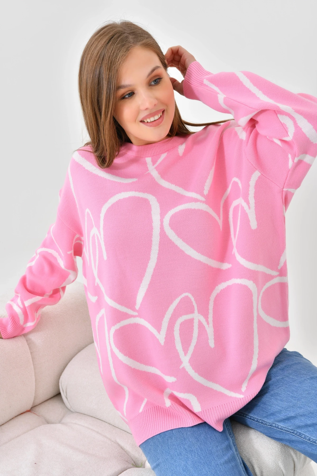 Kadın Bisiklet Yaka Kalp Örgü Detaylı Oversize Triko Tunik