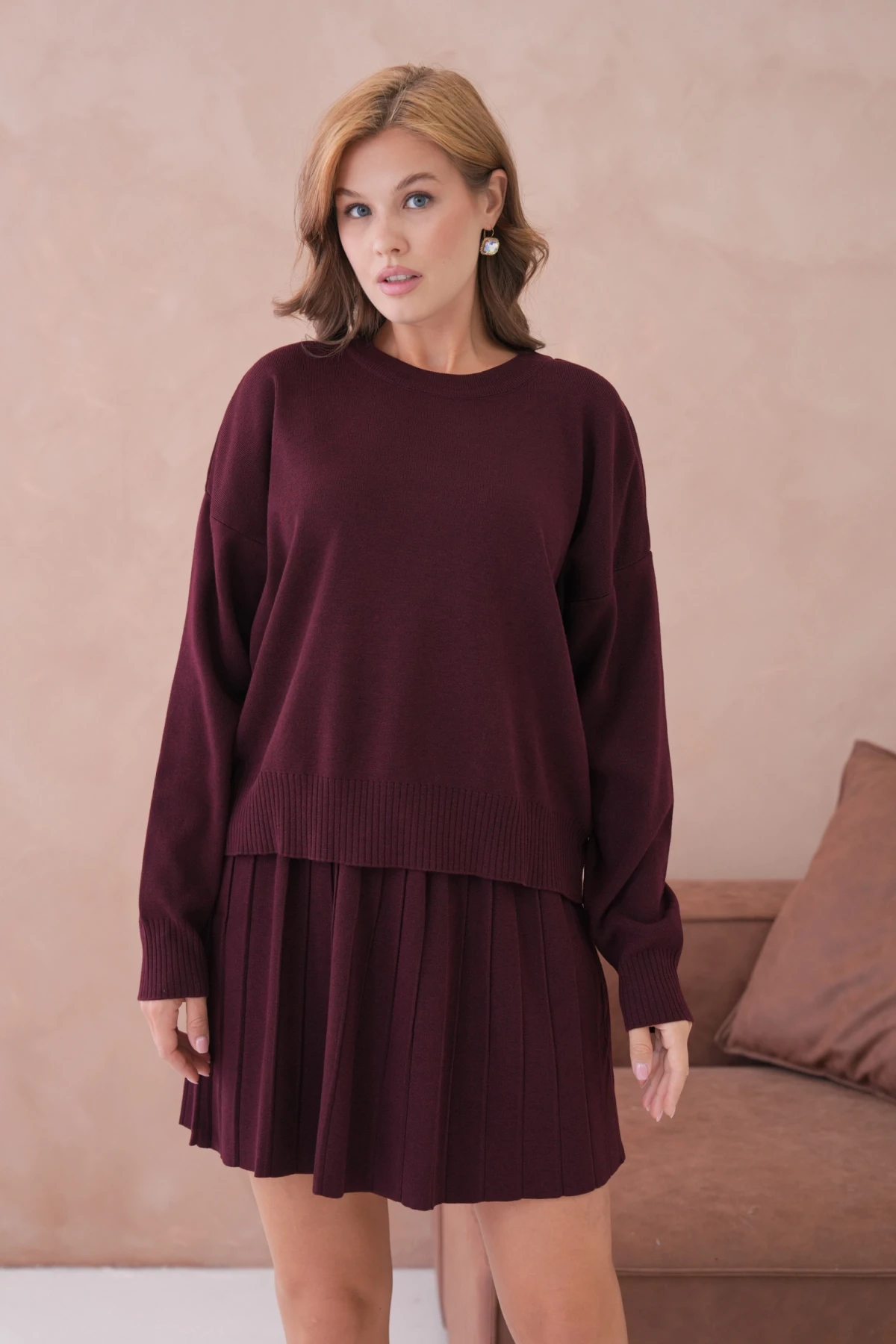 Kadın Bisiklet Yaka Kazak Kısa Etek İkili Triko Takım