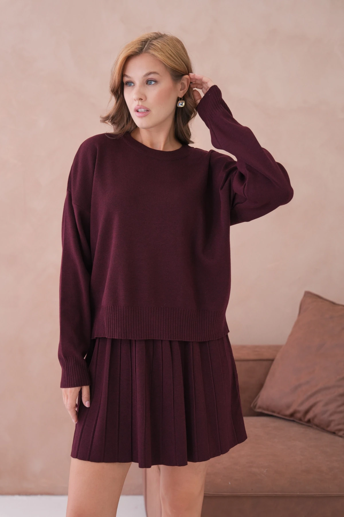 Kadın Bisiklet Yaka Kazak Kısa Etek İkili Triko Takım