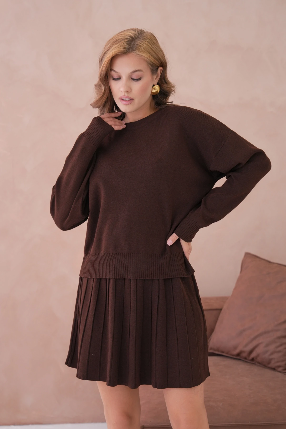 Kadın Bisiklet Yaka Kazak Kısa Etek İkili Triko Takım