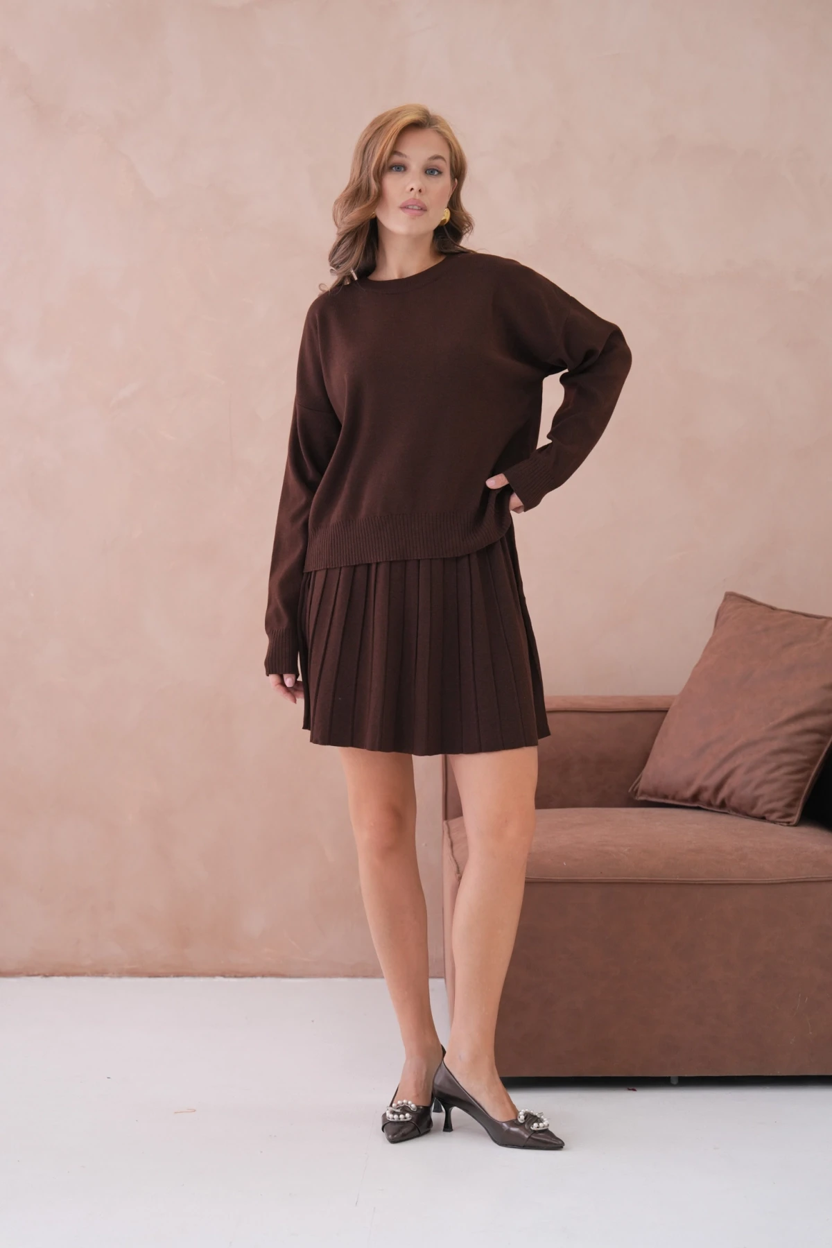 Kadın Bisiklet Yaka Kazak Kısa Etek İkili Triko Takım