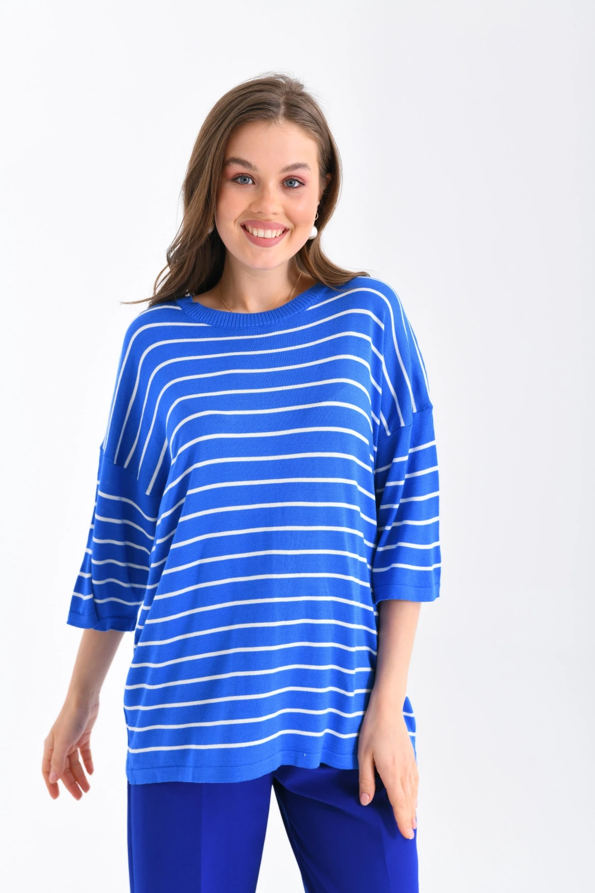 Kadın Bisiklet Yaka Kısa Kol Çizgili Oversize Triko Kazak 10218.Vsc