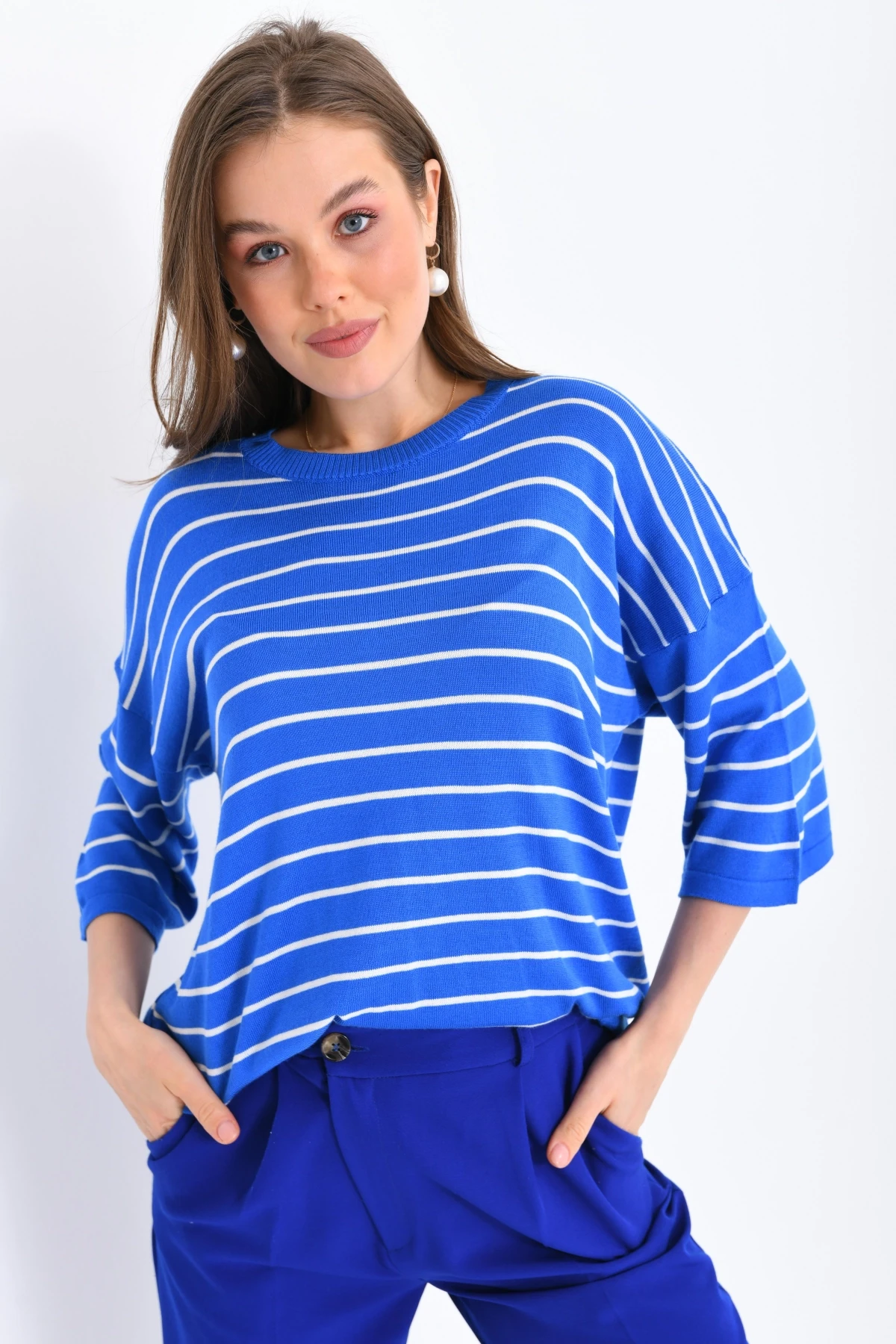 Kadın Bisiklet Yaka Kısa Kol Çizgili Oversize Triko Kazak 10218.Vsc