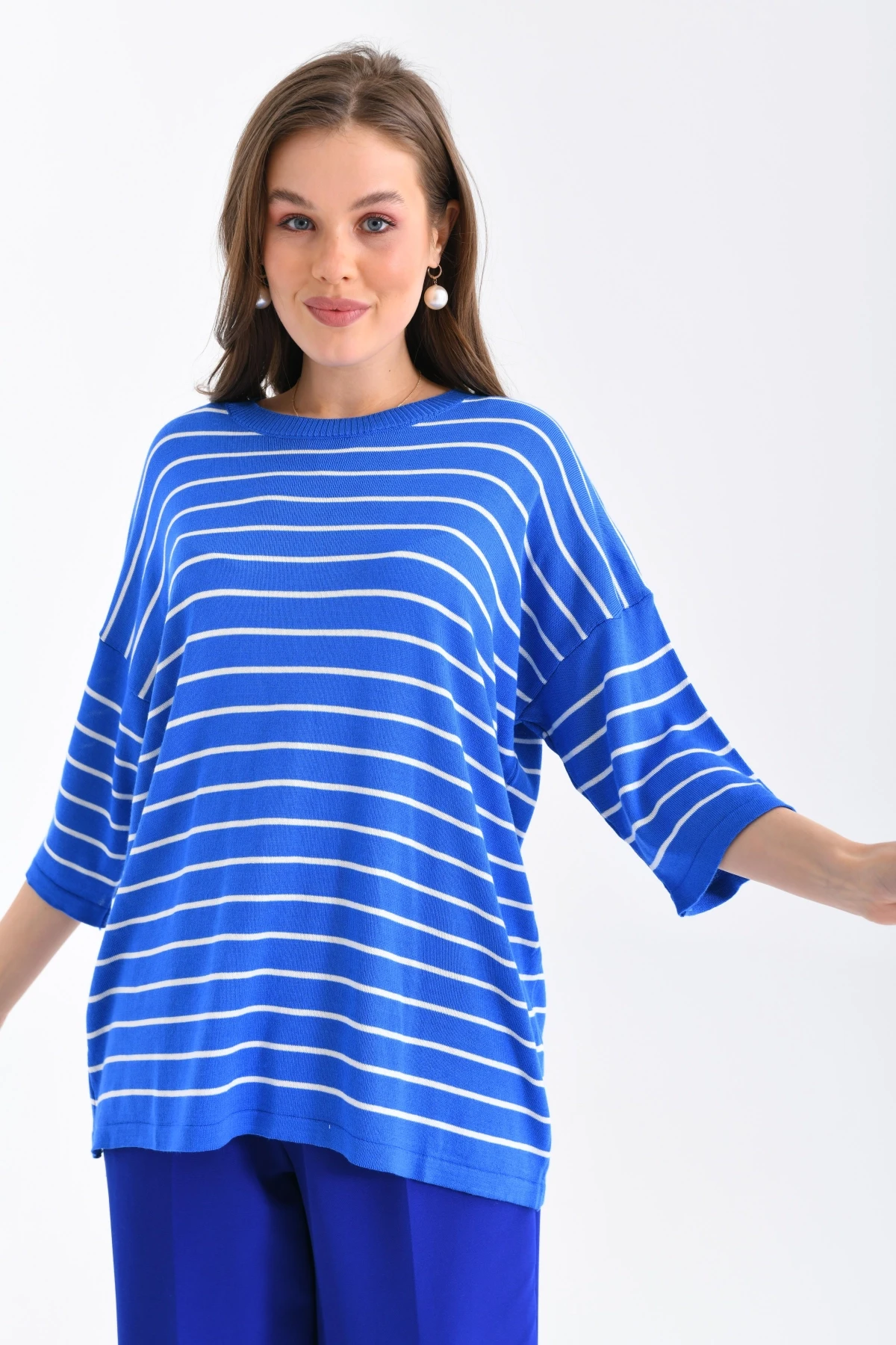 Kadın Bisiklet Yaka Kısa Kol Çizgili Oversize Triko Kazak 10218.Vsc