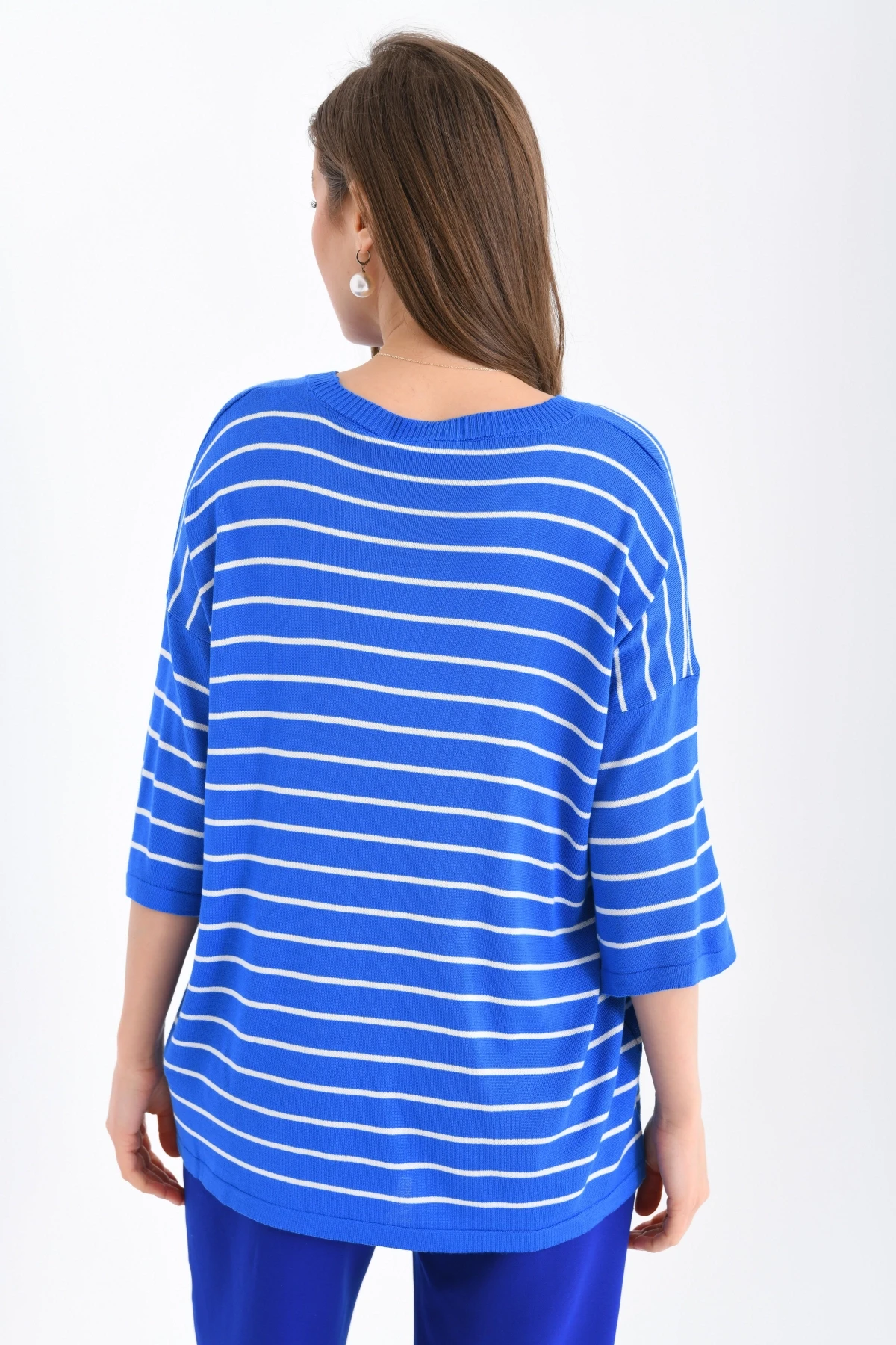 Kadın Bisiklet Yaka Kısa Kol Çizgili Oversize Triko Kazak 10218.Vsc