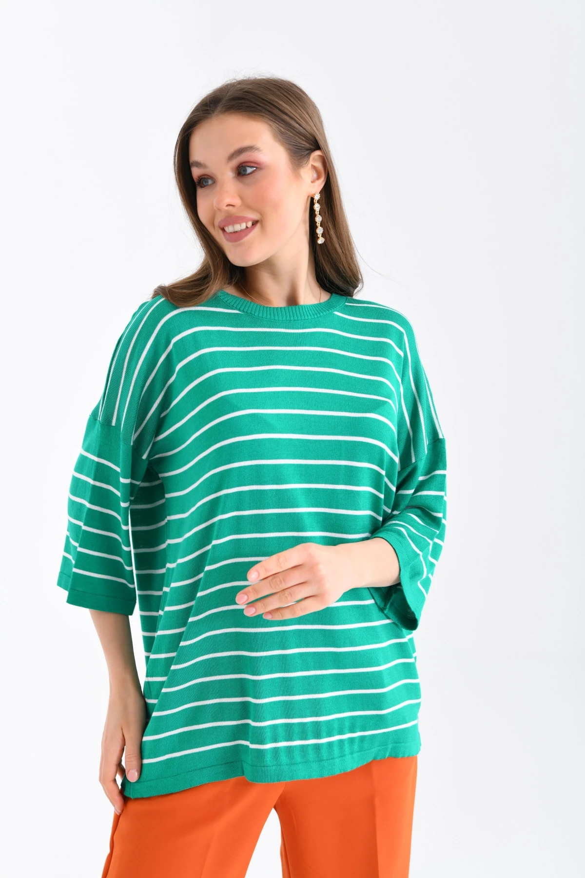 Kadın Bisiklet Yaka Kısa Kol Çizgili Oversize Triko Kazak 10218.Vsc