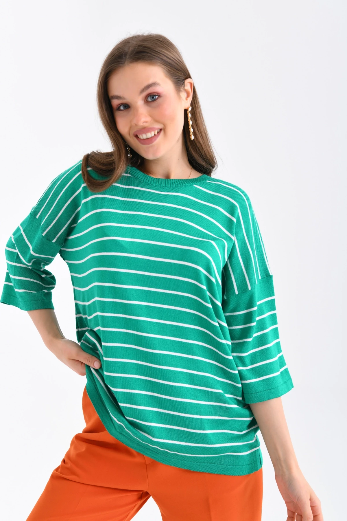 Kadın Bisiklet Yaka Kısa Kol Çizgili Oversize Triko Kazak 10218.Vsc