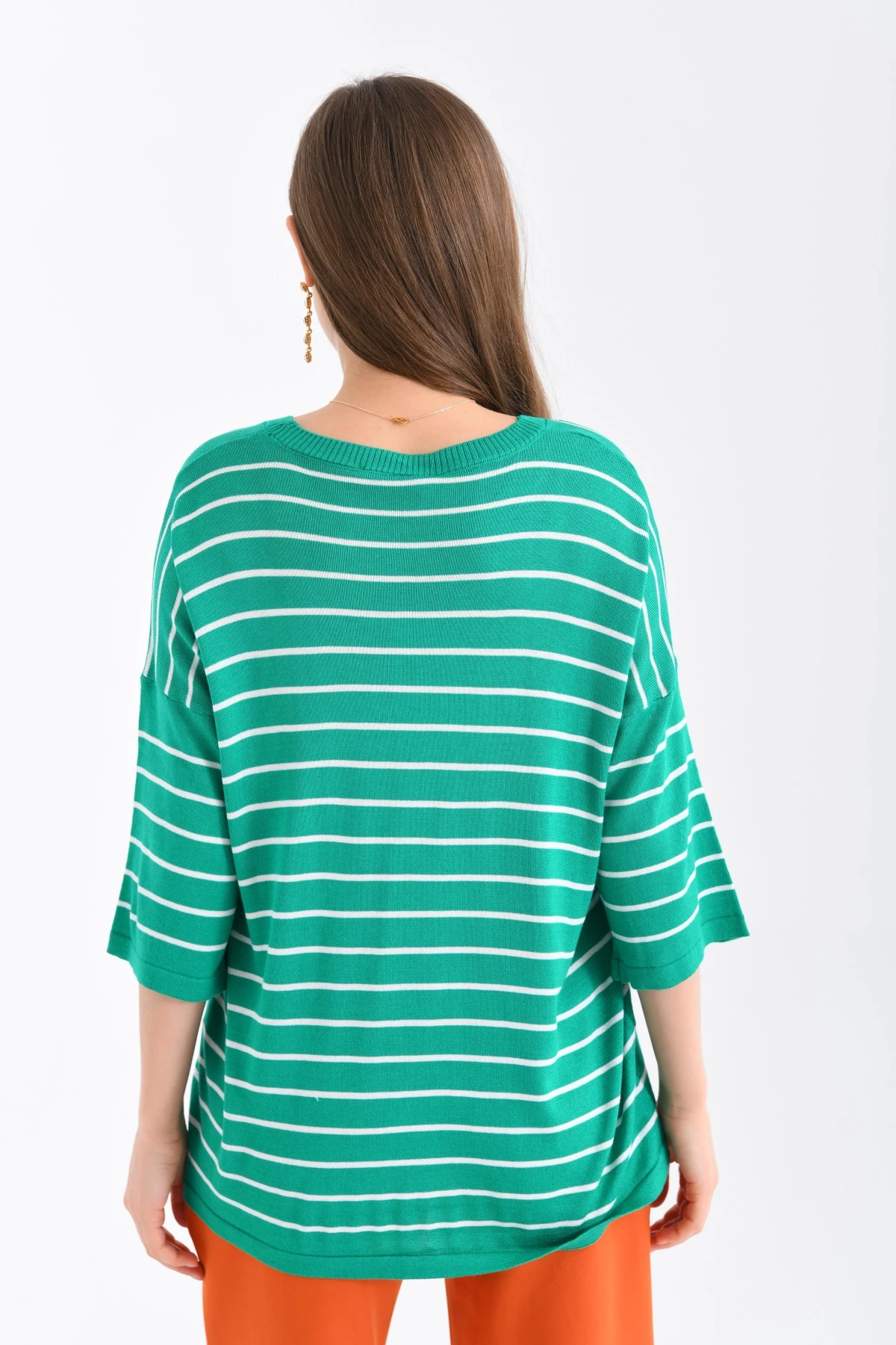 Kadın Bisiklet Yaka Kısa Kol Çizgili Oversize Triko Kazak 10218.Vsc