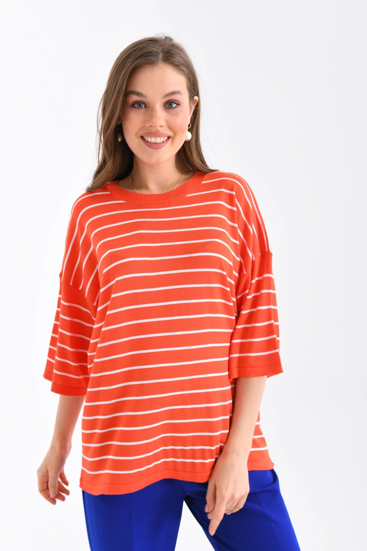 Kadın Bisiklet Yaka Kısa Kol Çizgili Oversize Triko Kazak 10218.Vsc